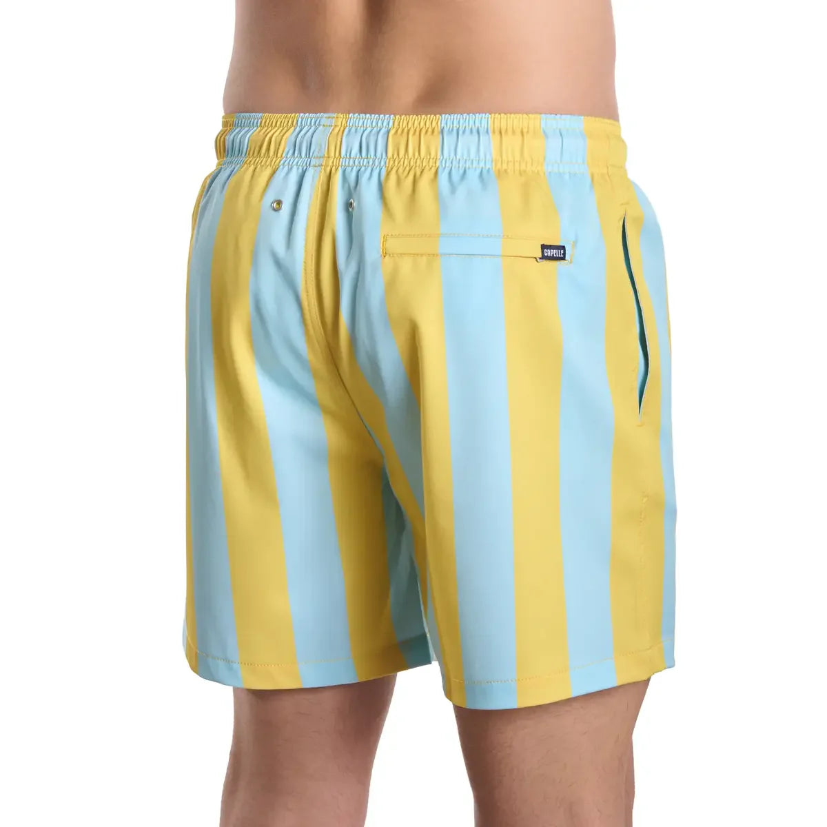Yellow and light blue striped swim shorts on a white background