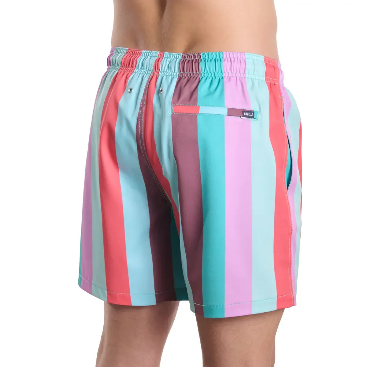 Colorful striped swim shorts on a white background