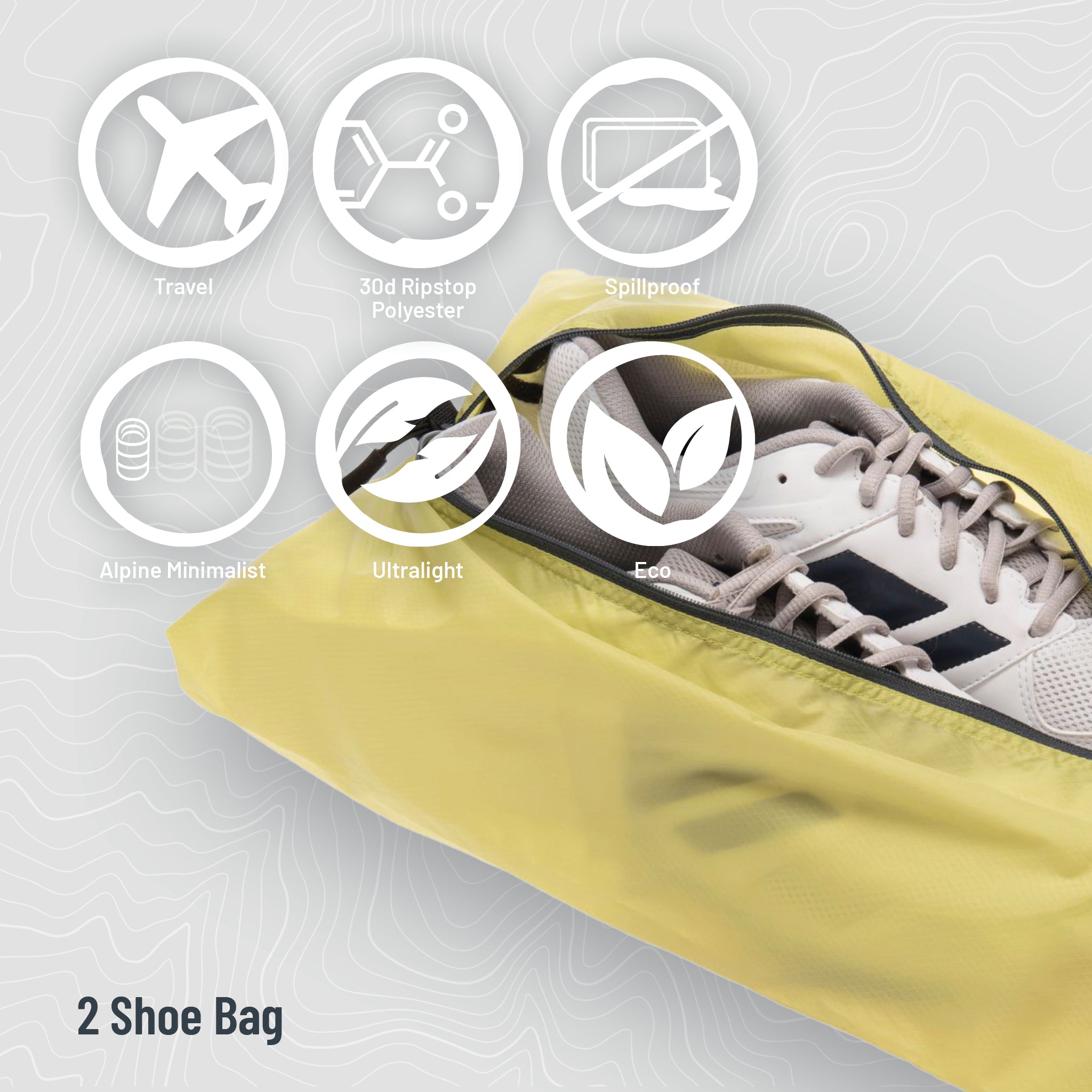 Yellow shoe bag with features highlighted on a light gray background