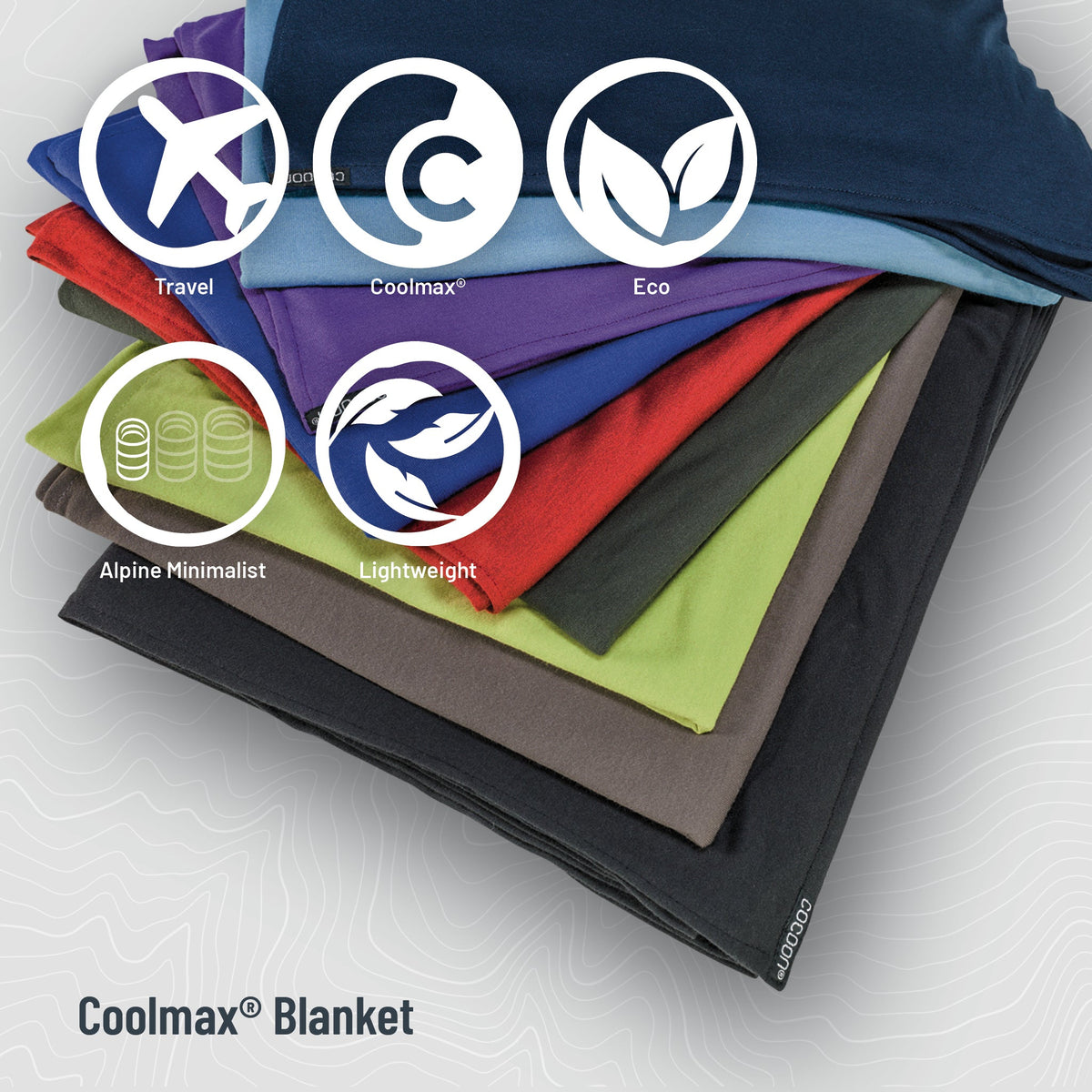 Stack of Coolmax blankets in various colors with icons and text on a white background