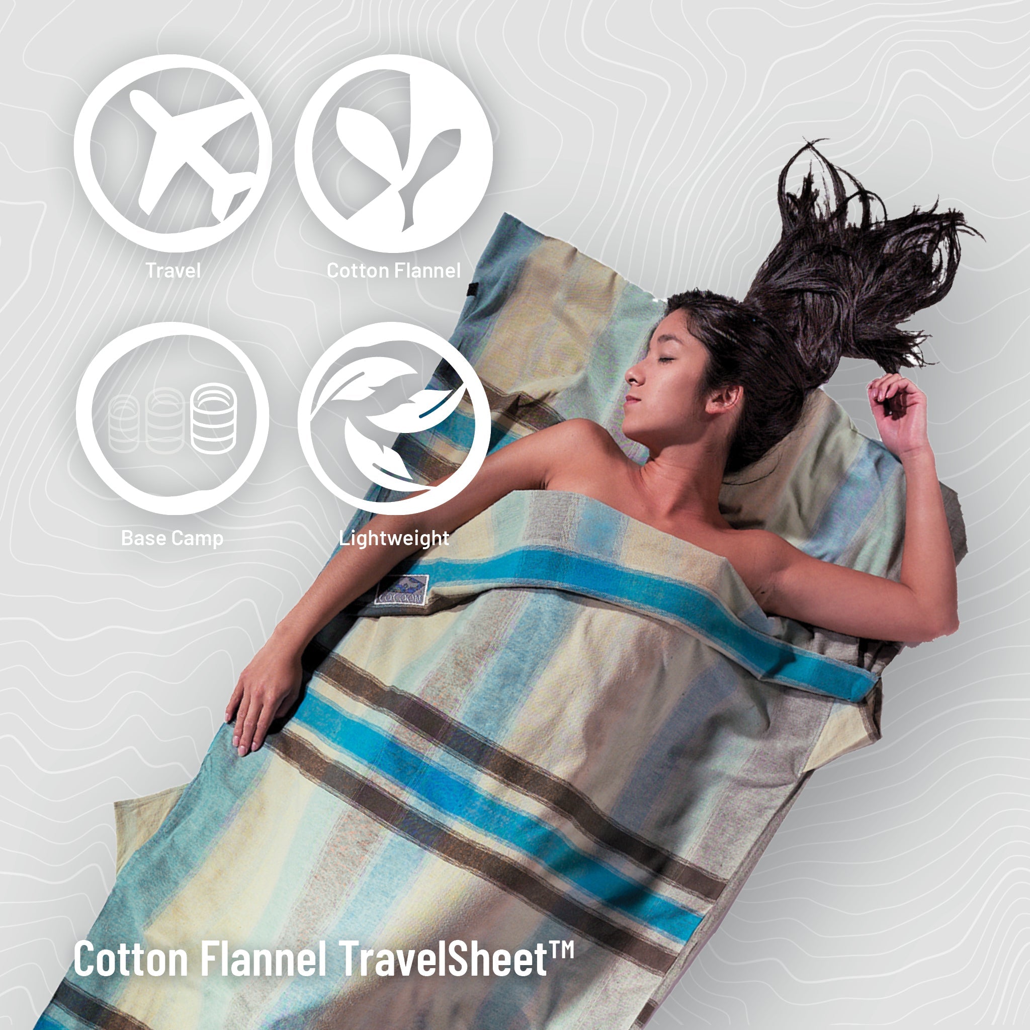 Woman lying on a Cotton Flannel TravelSheet with product features displayed.