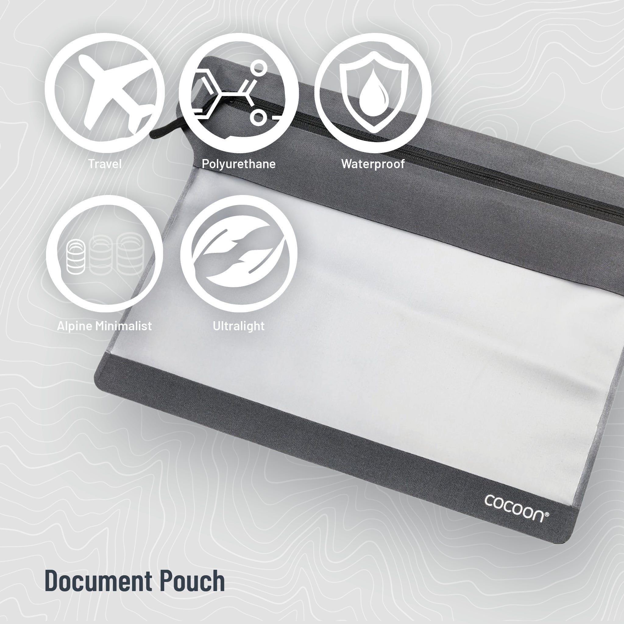 Document pouch with features labeled on a light gray background