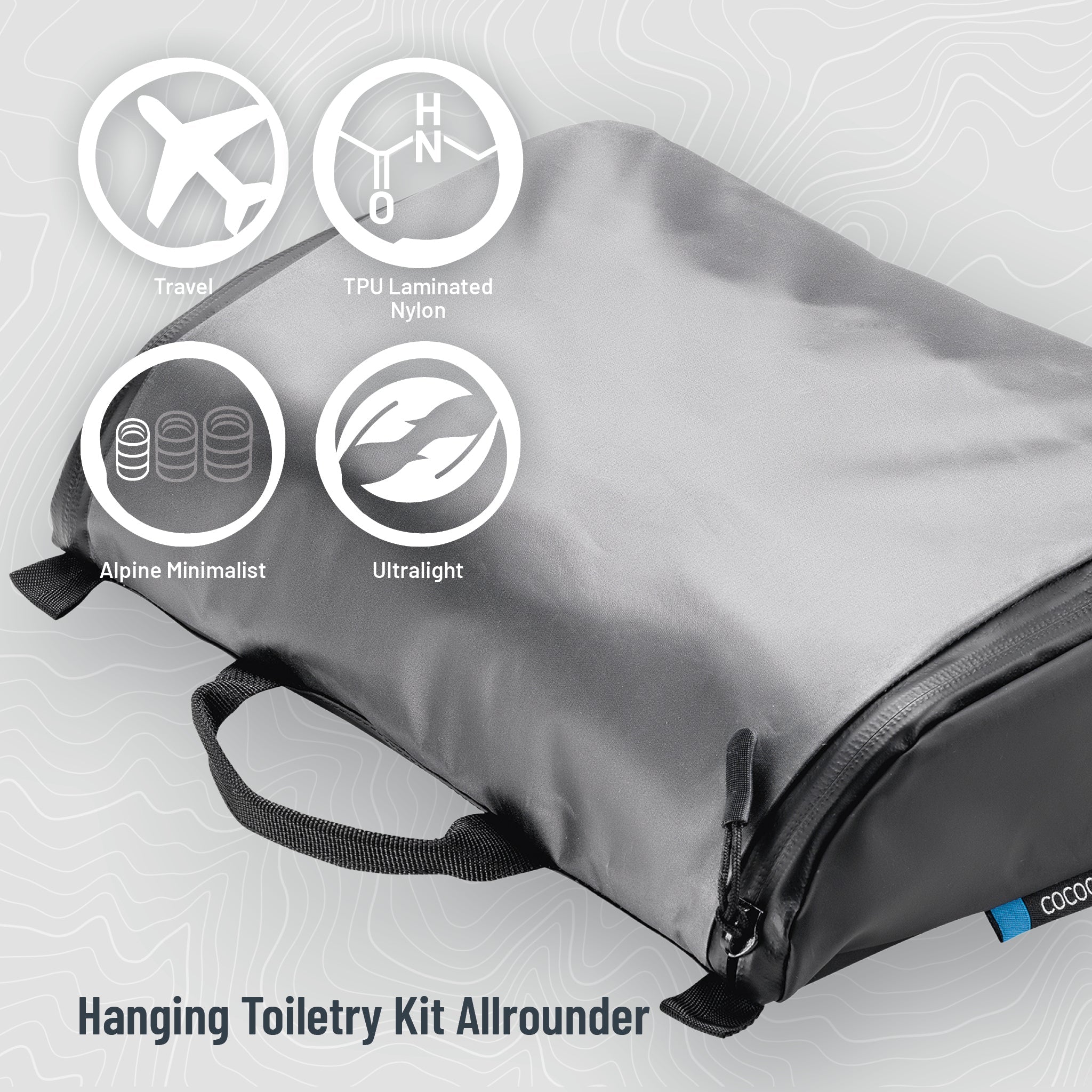 Gray hanging toiletry kit with features icons on a light gray background