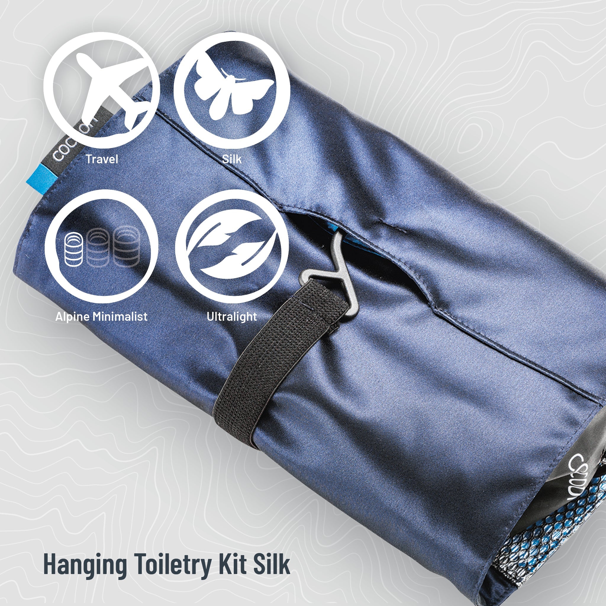 Blue hanging toiletry kit with icons and text on a light gray background