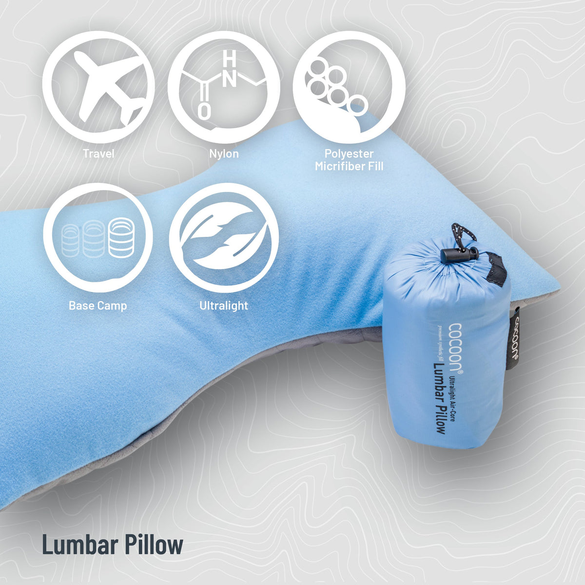 Blue lumbar pillow with features and packaging on a light gray background