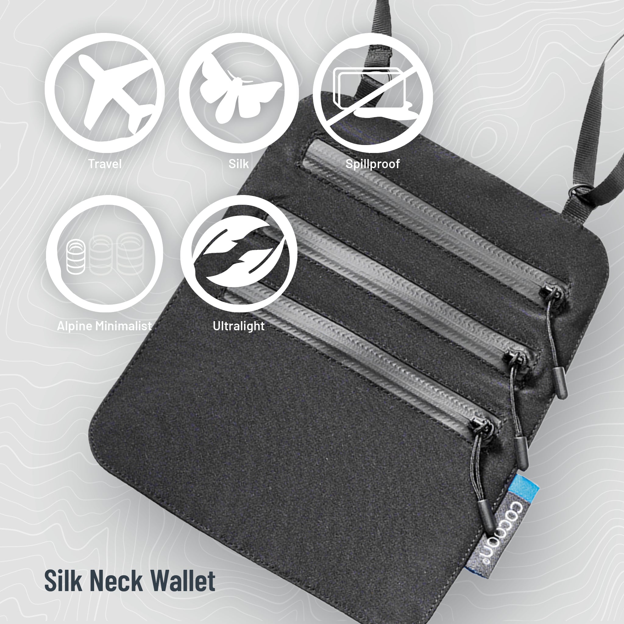 Silk neck wallet with features highlighted on a gray background