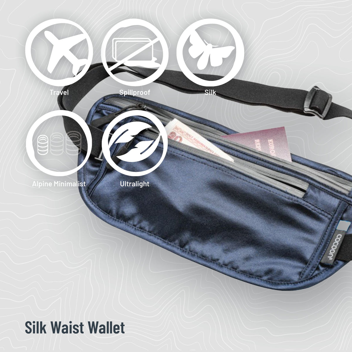 Silk waist wallet with features highlighted on a light gray background