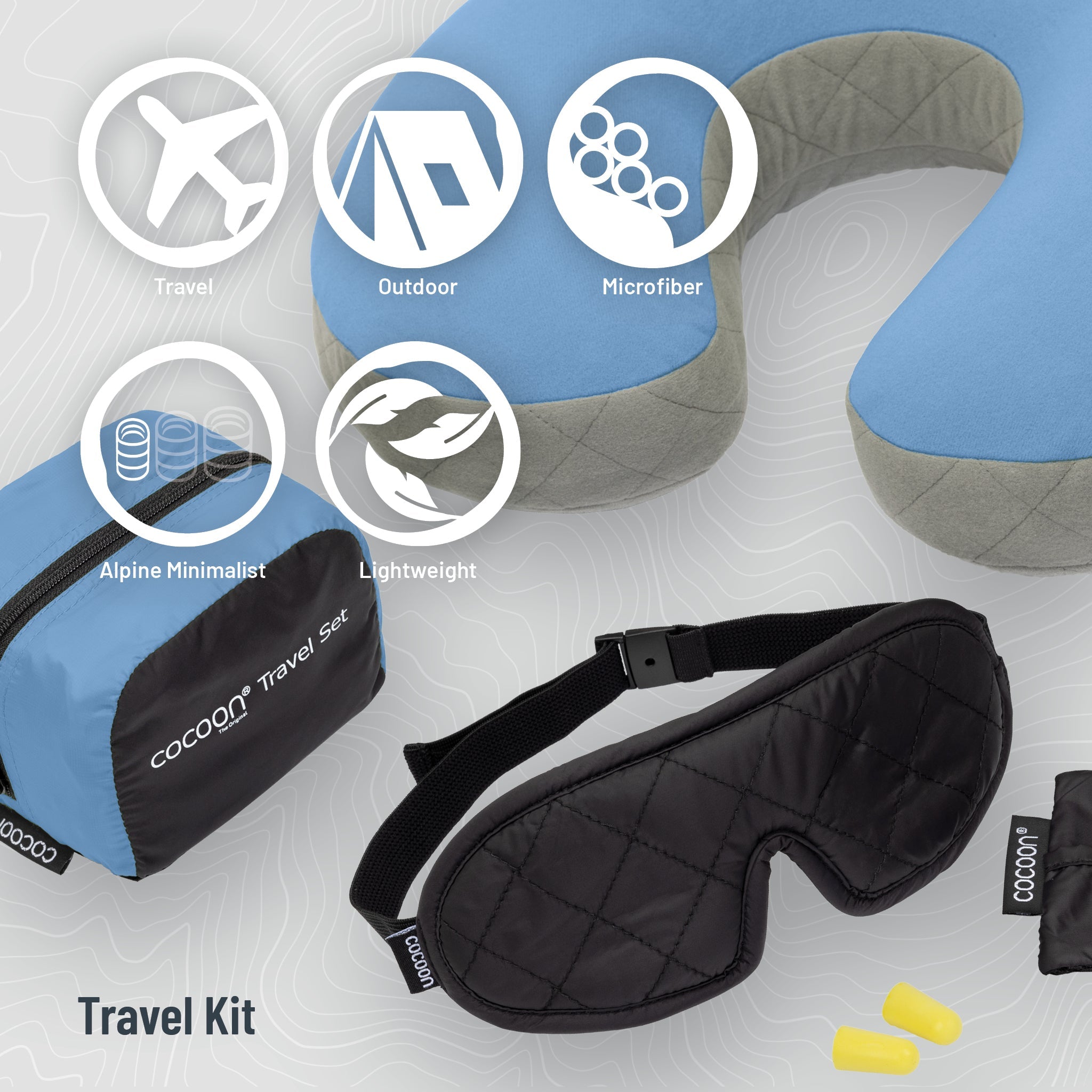 Travel kit with eye mask, earplugs, and travel pillow on a light gray background