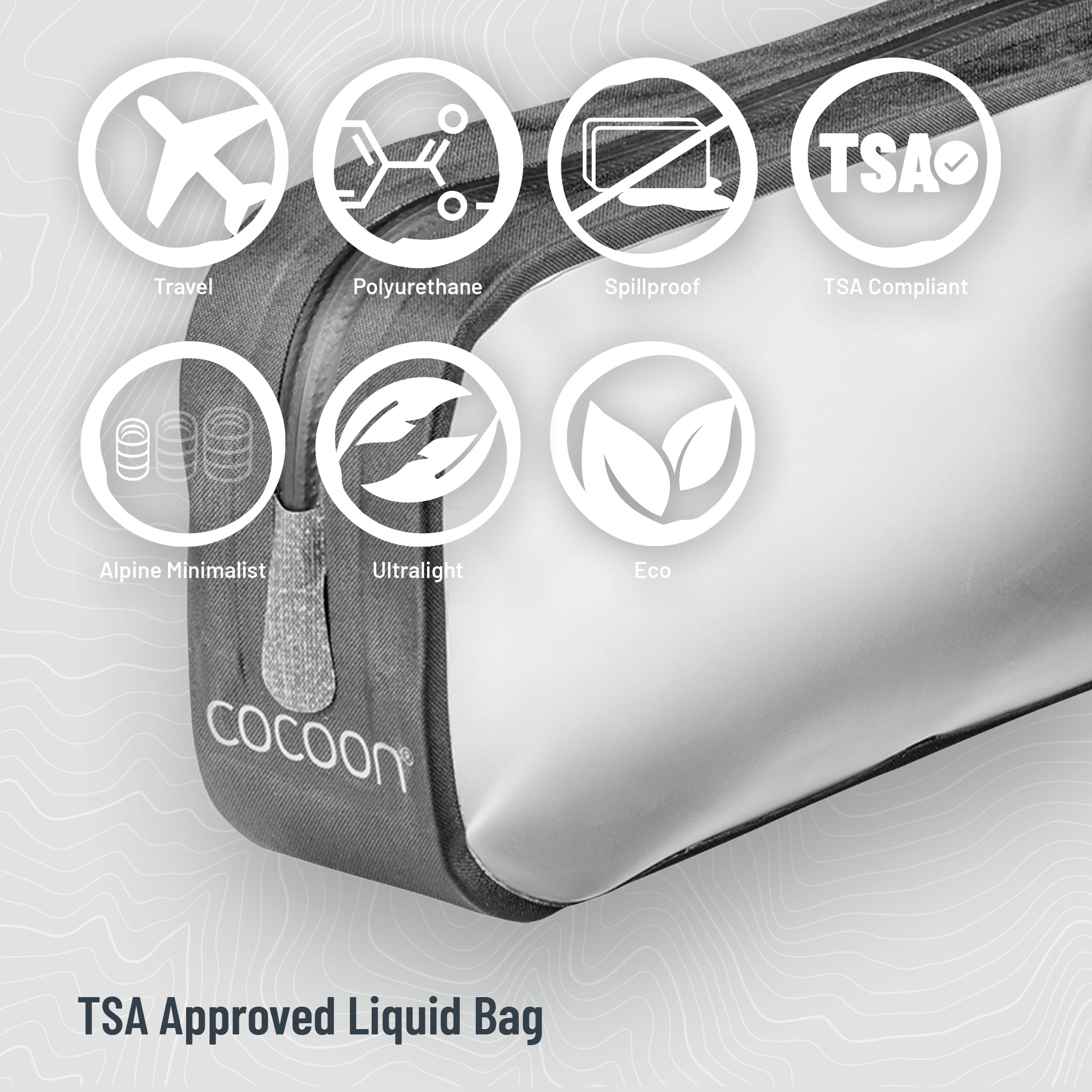 TSA Approved Liquid Bag with features highlighted on a light gray background