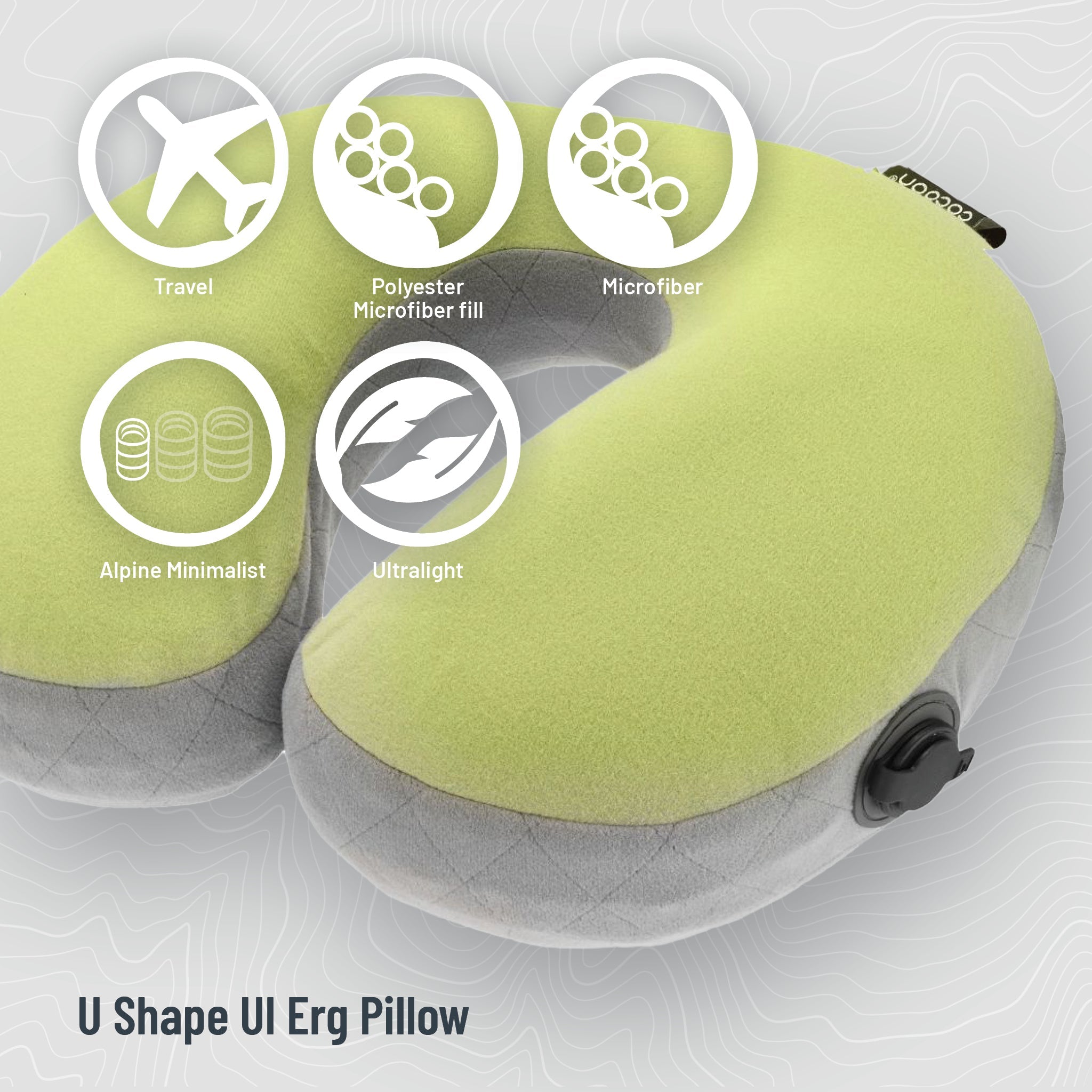 Green U-shaped travel pillow with features listed on a light gray background