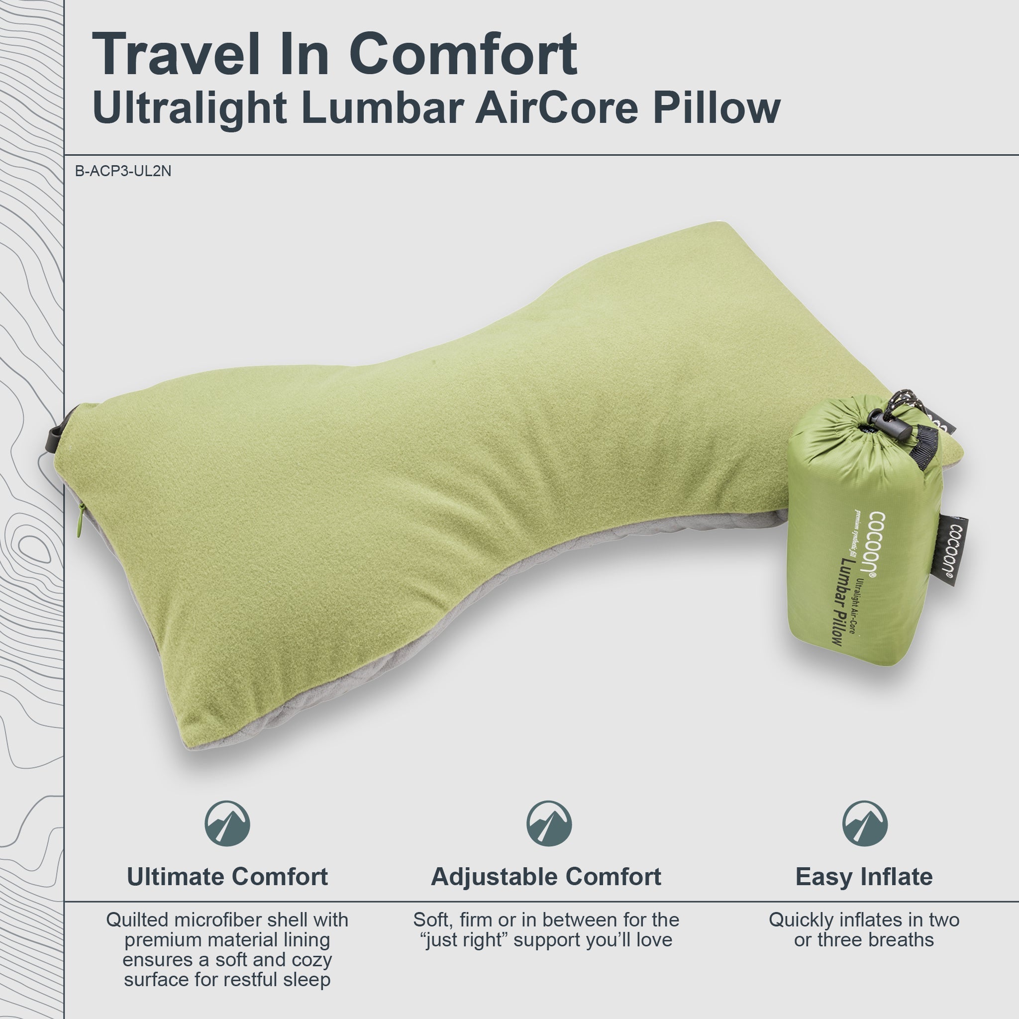 Green travel pillow with packaging on a white background, featuring text about its features.