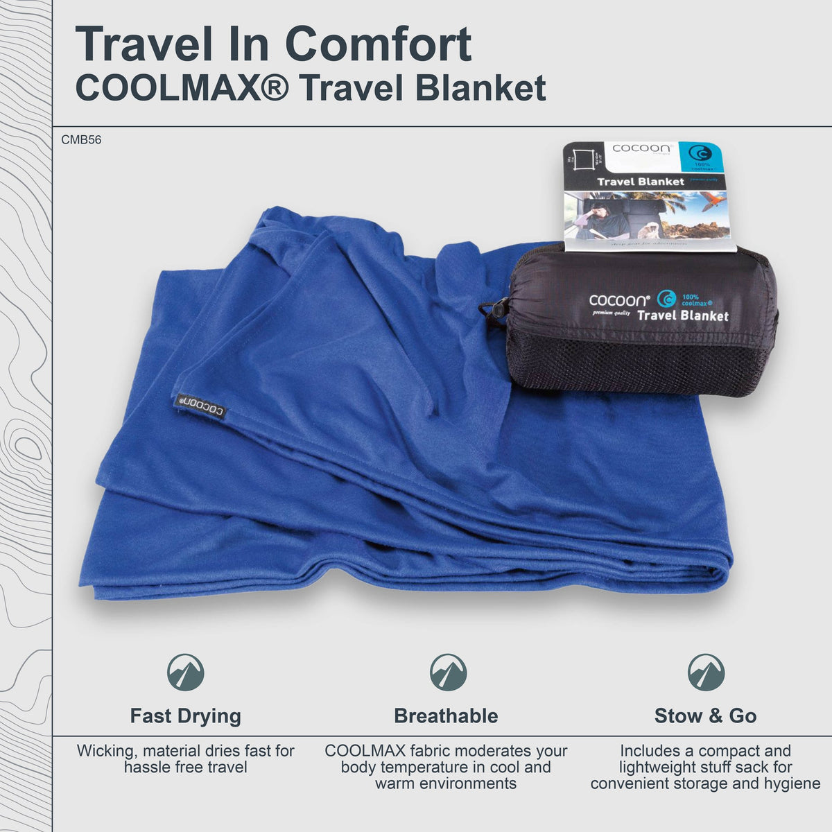 COOLMAX travel blanket with packaging and features listed on a white background
