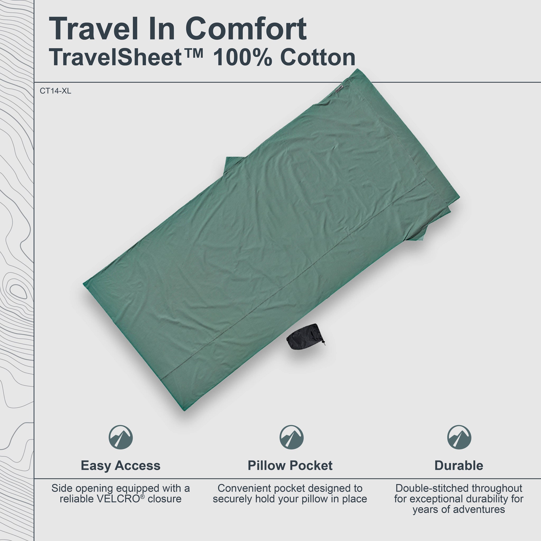 Green travel sheet with features listed on a white background