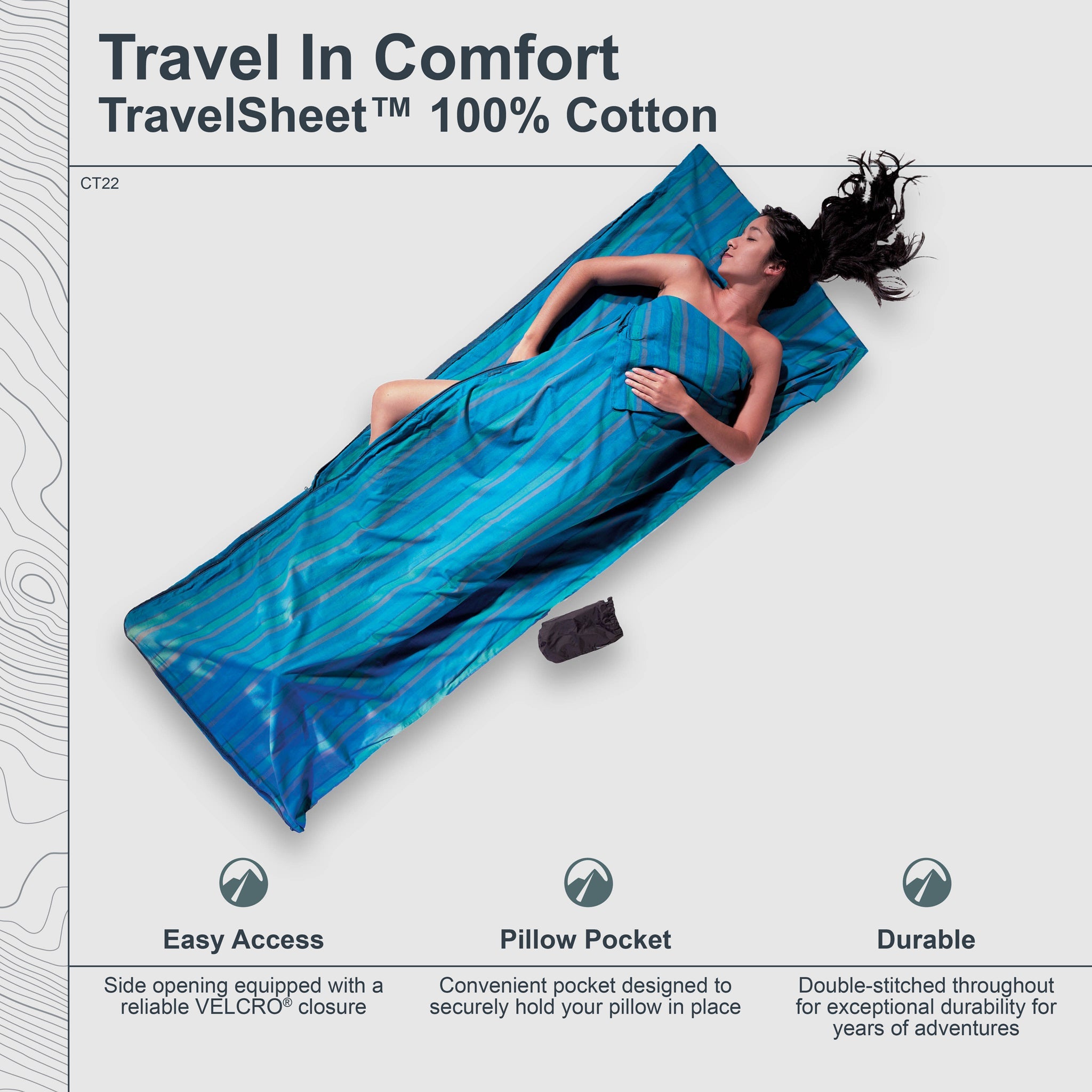 Person lying on a blue travel sheet with text about comfort and features.