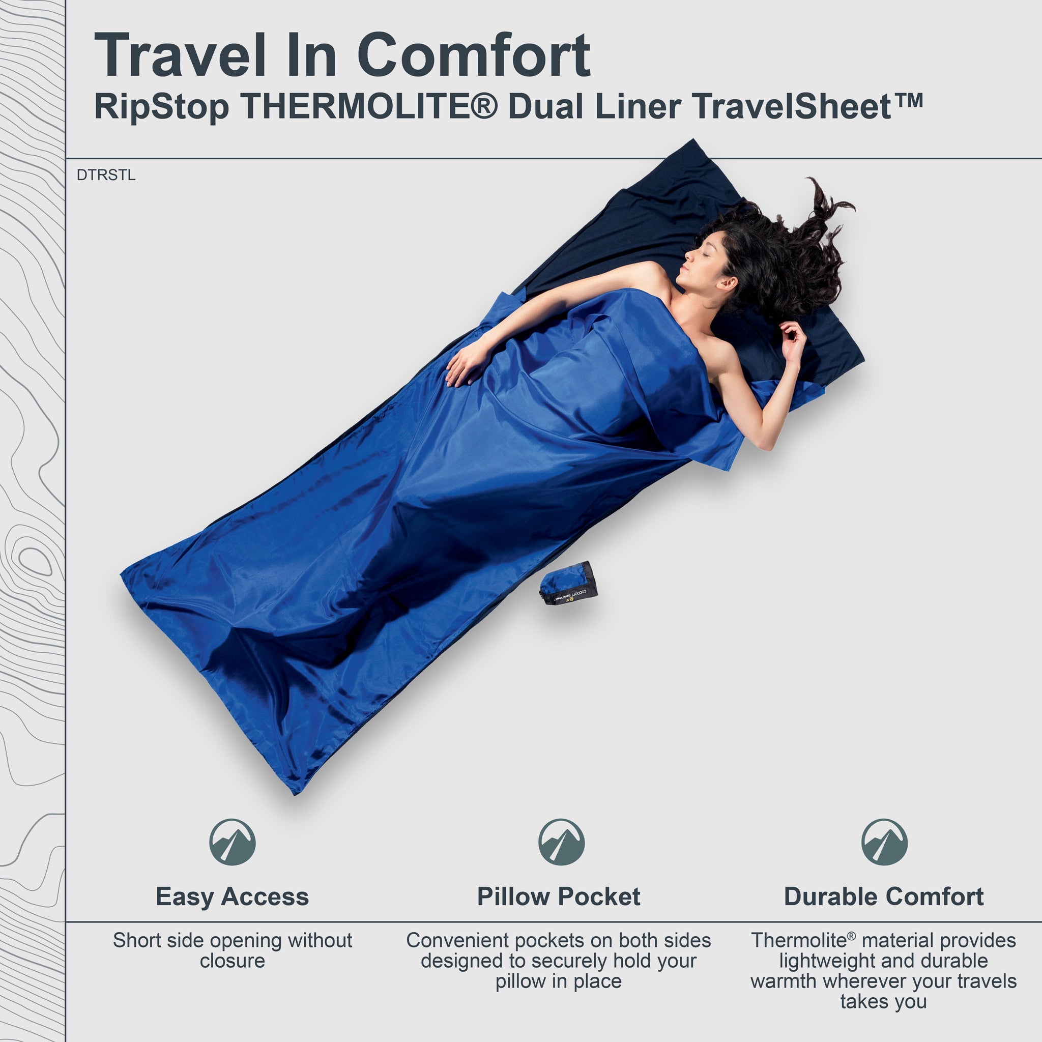 Person lying on a blue travel sheet with text about features and benefits.