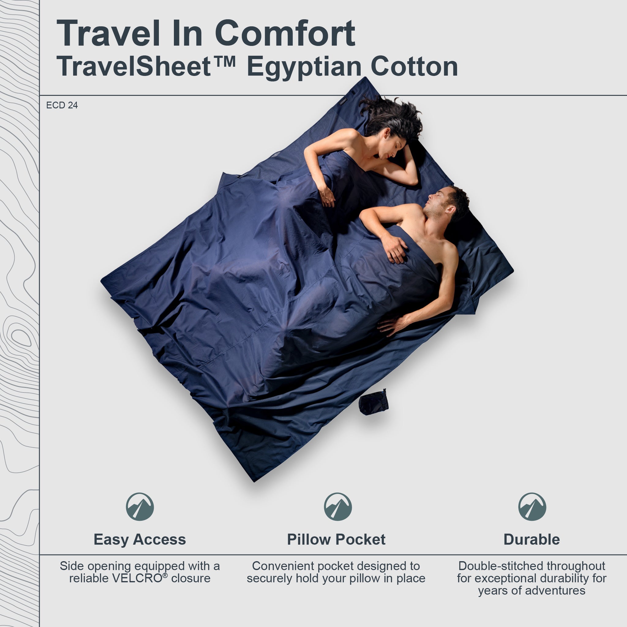 Two people lying under a blue TravelSheet Egyptian Cotton on a white background with product features listed below.