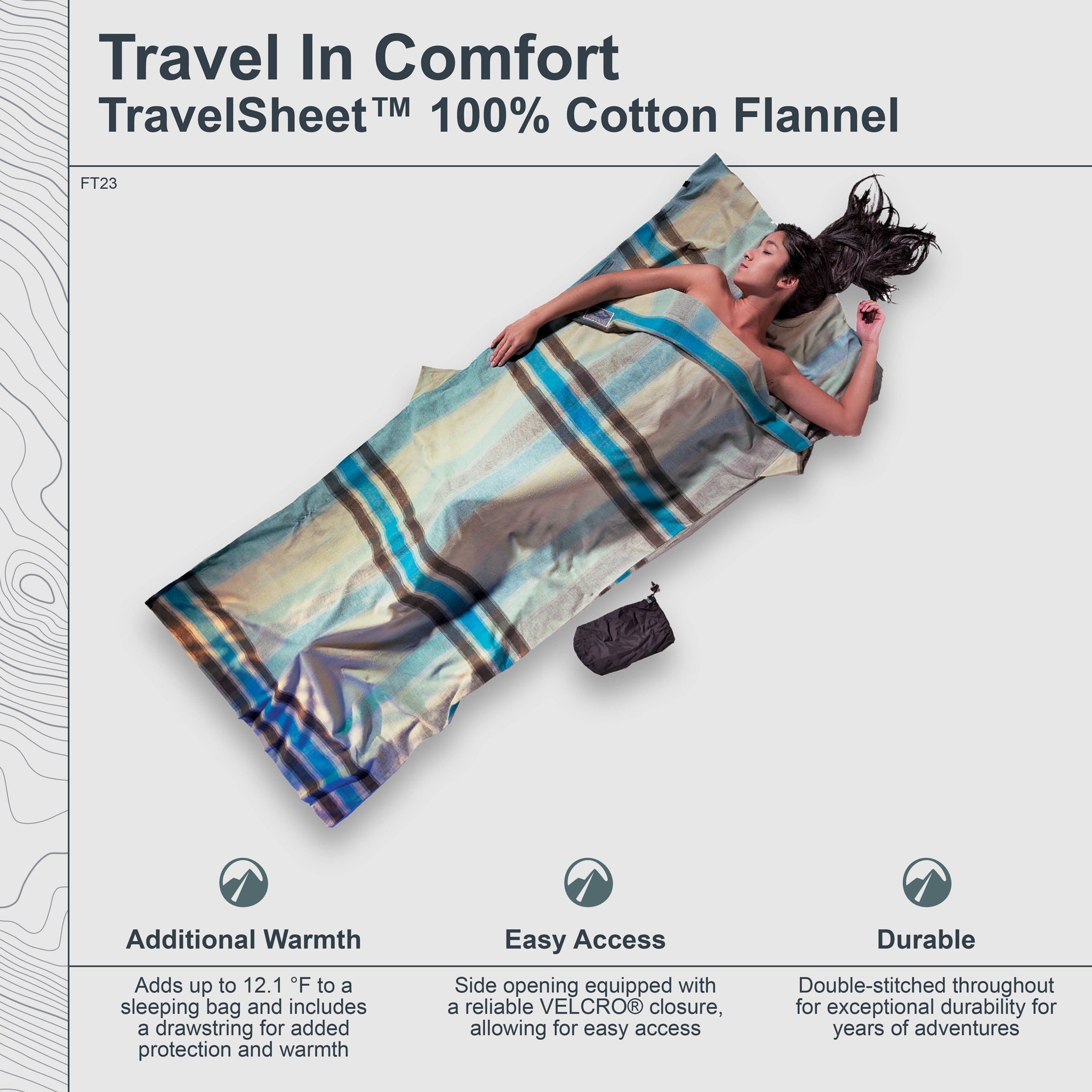 Travel sheet with a person lying on it, featuring text about its features and benefits.