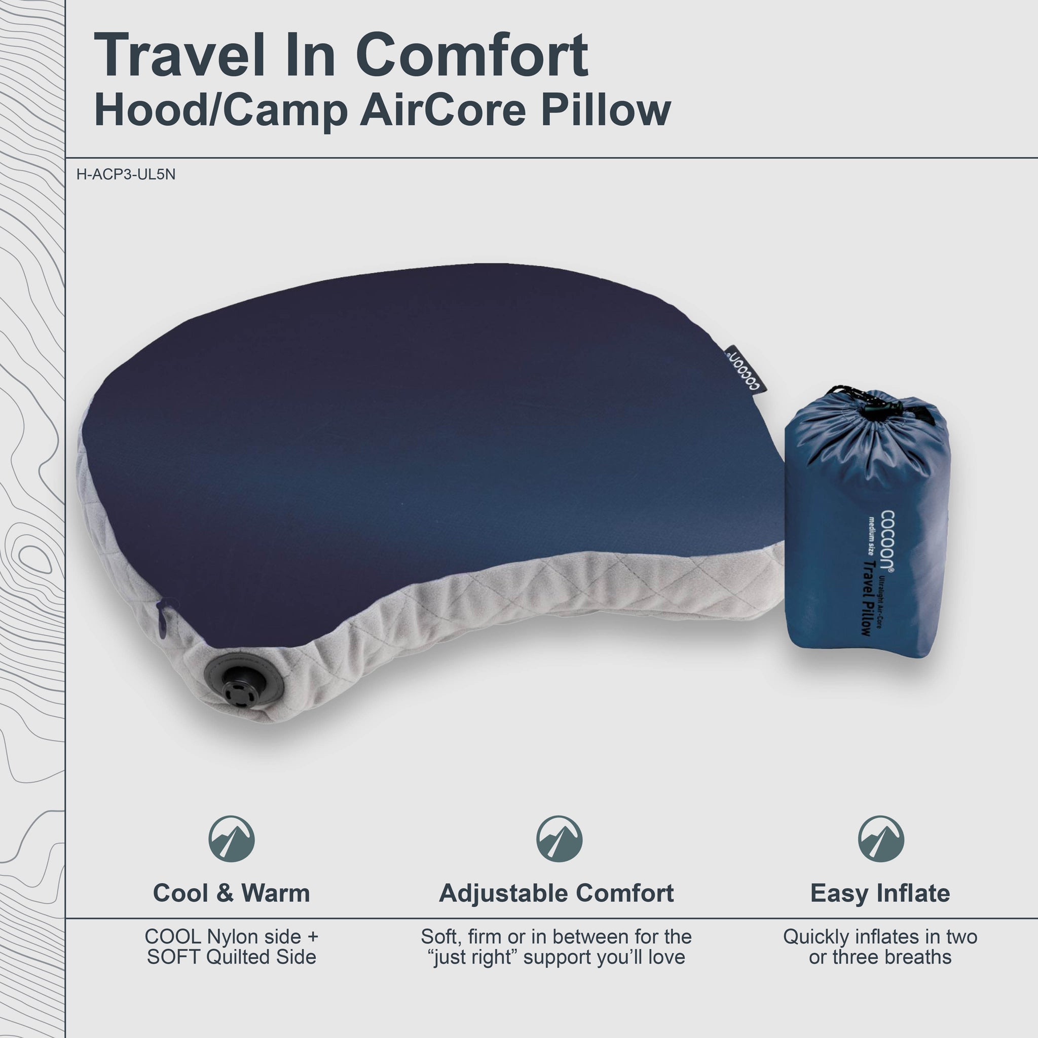 Inflatable aircore pillow with packaging on a light gray background