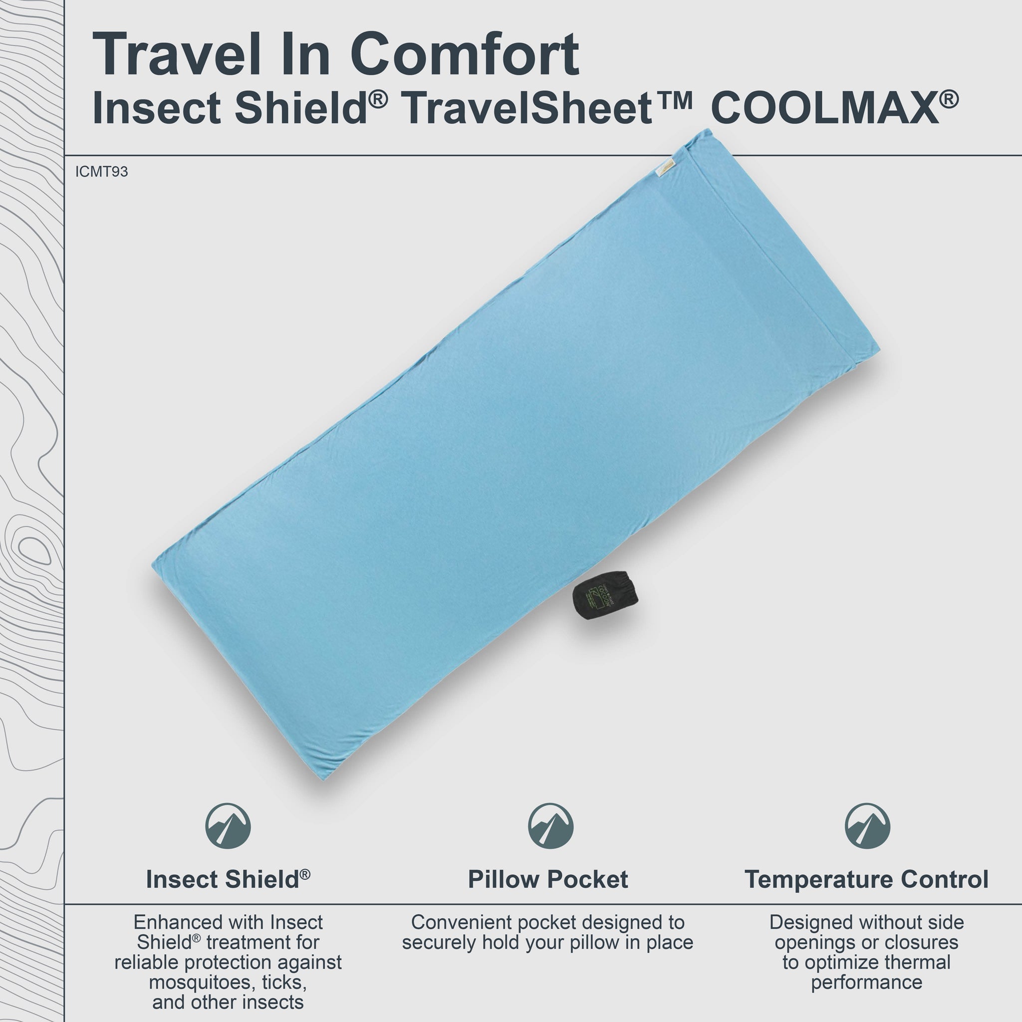 Blue insect shield travel sheet with text on a light gray background