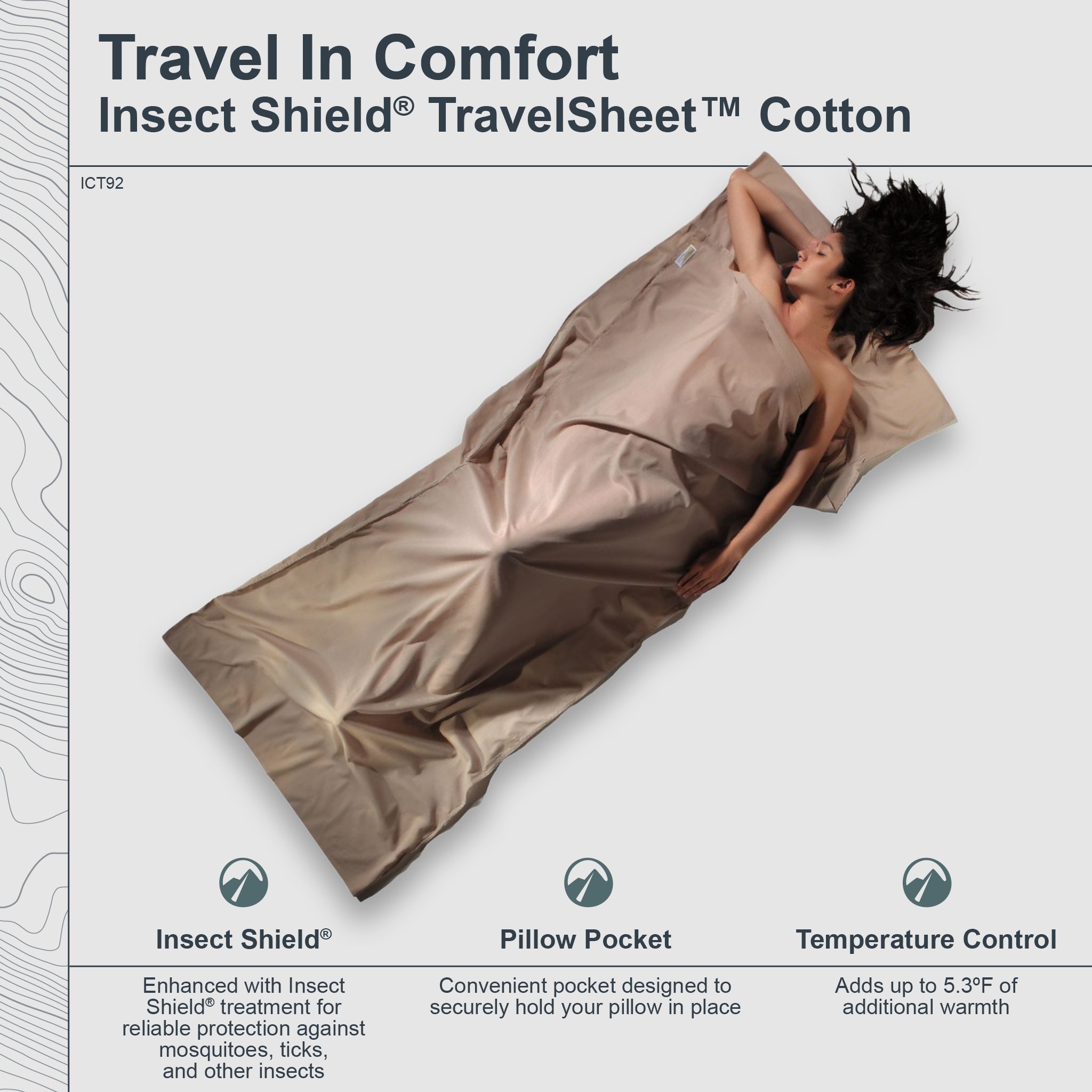 Person lying in a brown Insect Shield TravelSheet with product features highlighted.