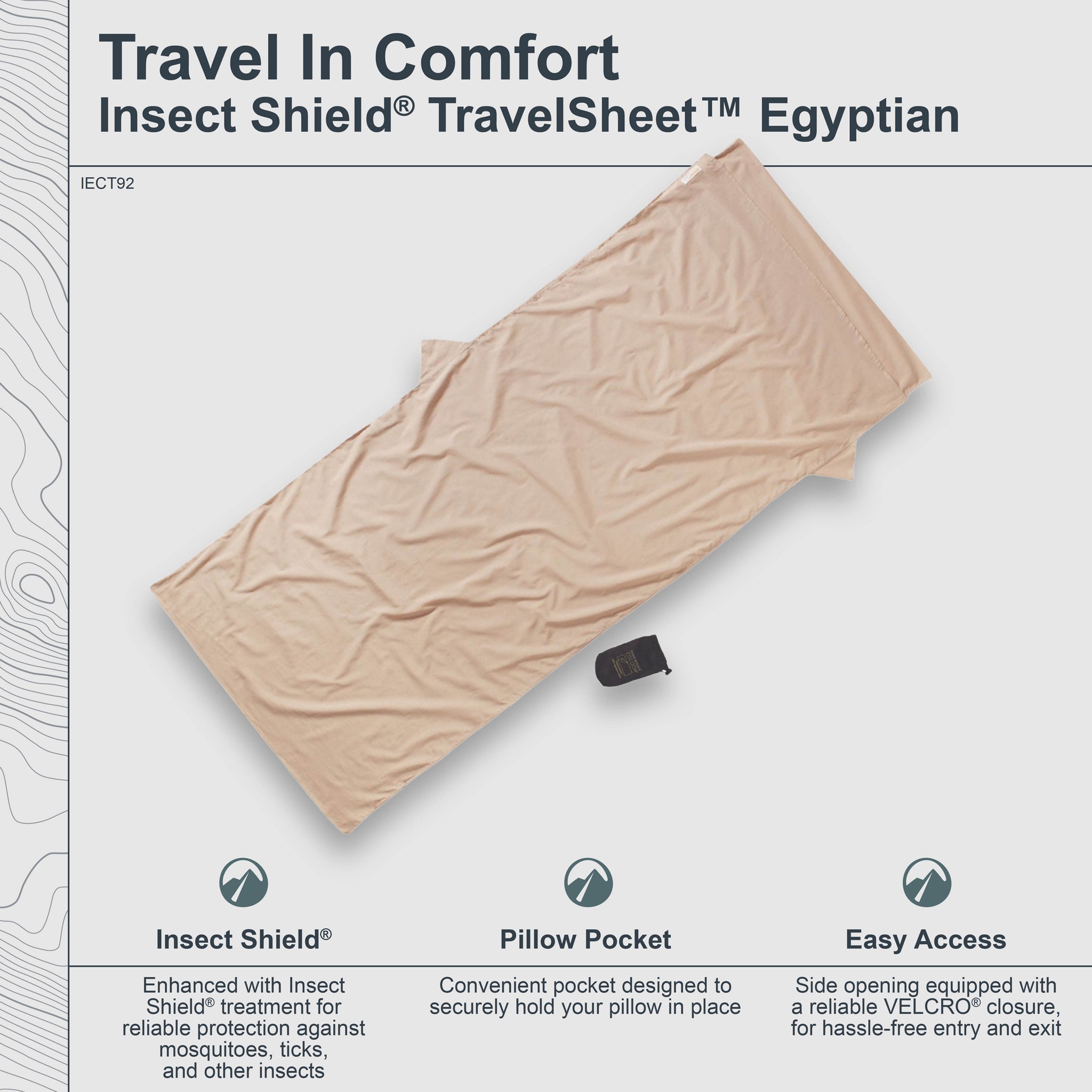 Insect Shield TravelSheet Egyptian on a white background with text highlighting features.