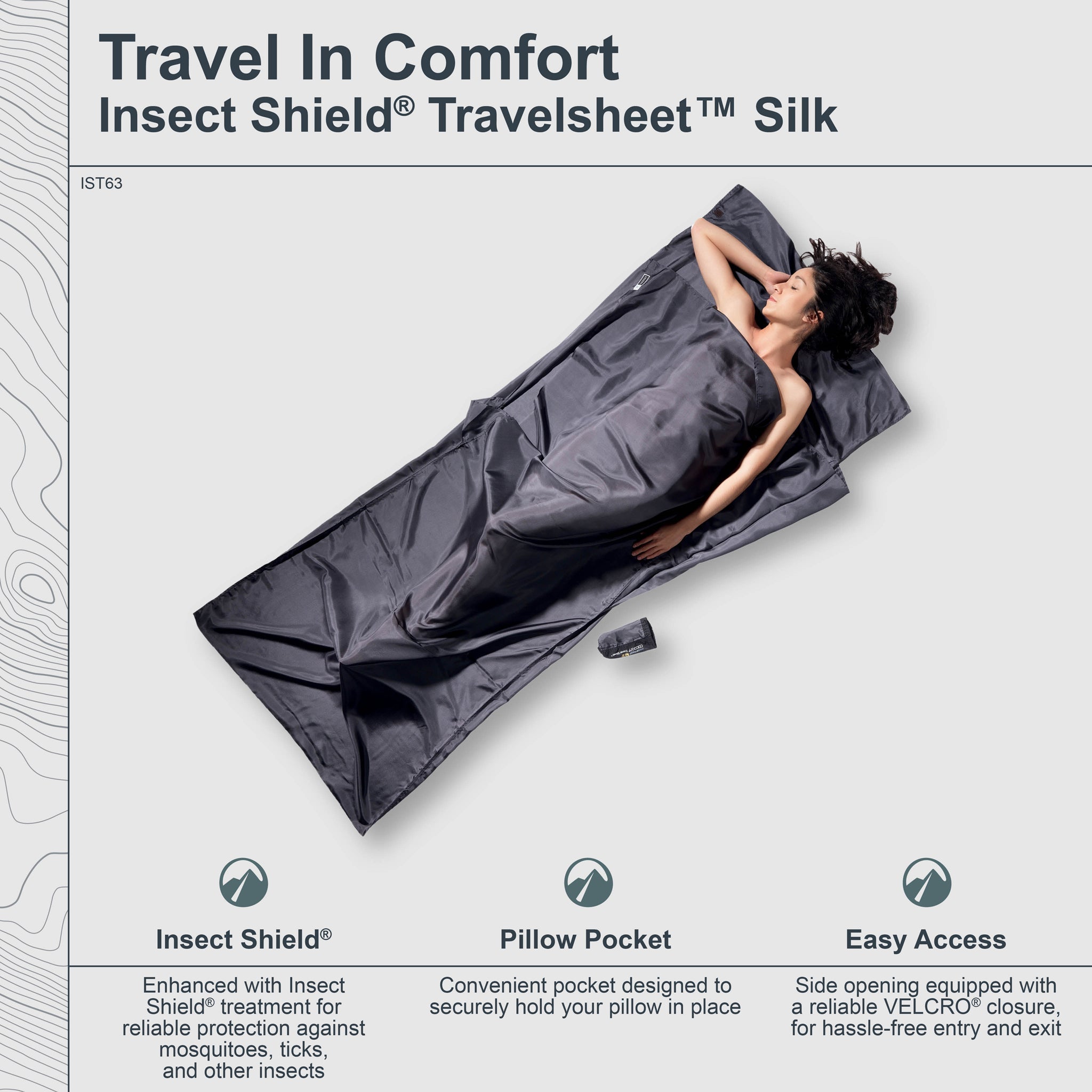 Person lying in a gray Insect Shield Travelsheet on a white background with product features listed.