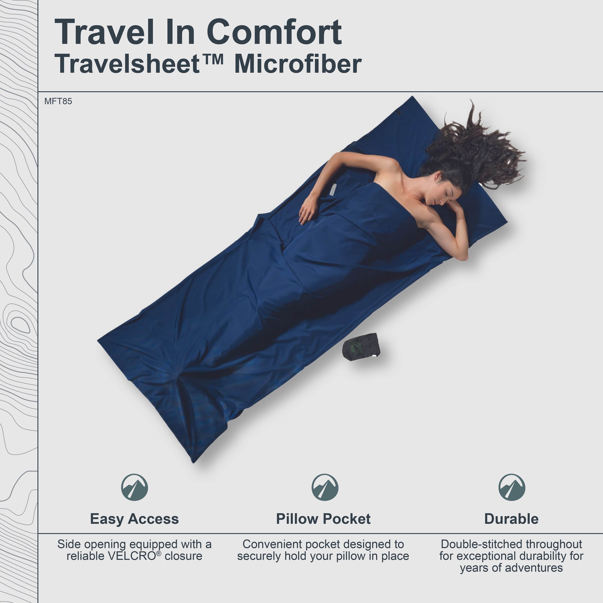 Person lying on a blue Travelsheet Microfiber with product features listed below.