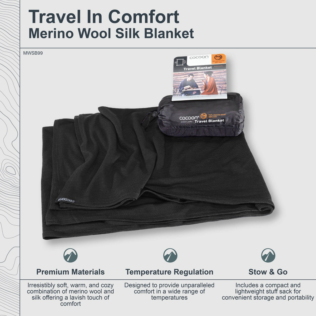 Black merino wool silk blanket with packaging on a light gray background