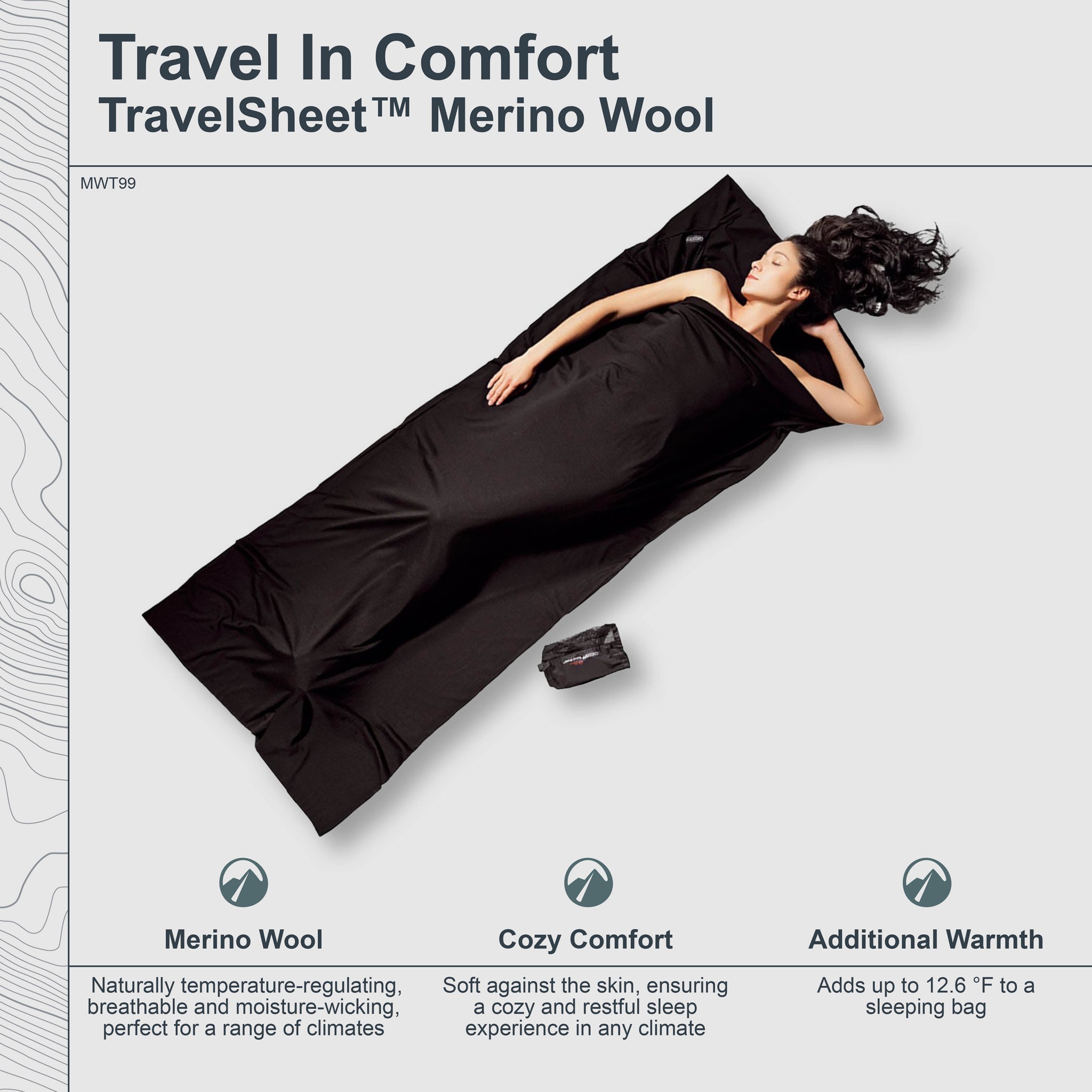 Person lying on a black TravelSheet Merino Wool with product features highlighted.