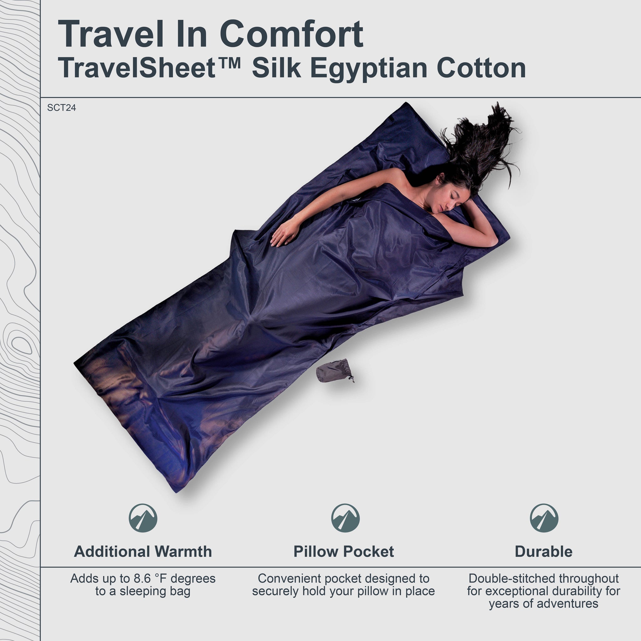 Person lying on a TravelSheet™ Silk Egyptian Cotton product with features listed below.