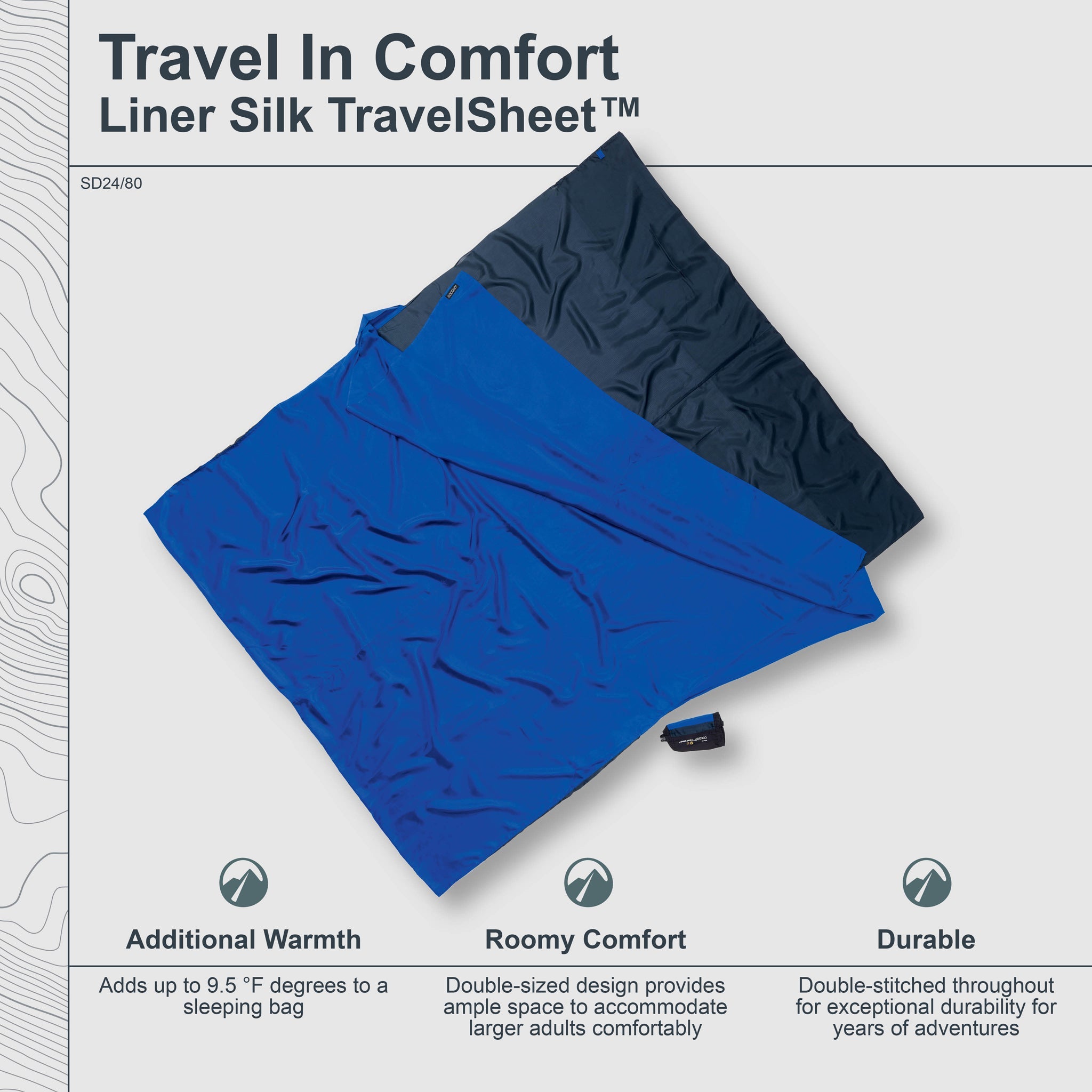 Blue and black travel liner silk travel sheet with features listed on a light gray background