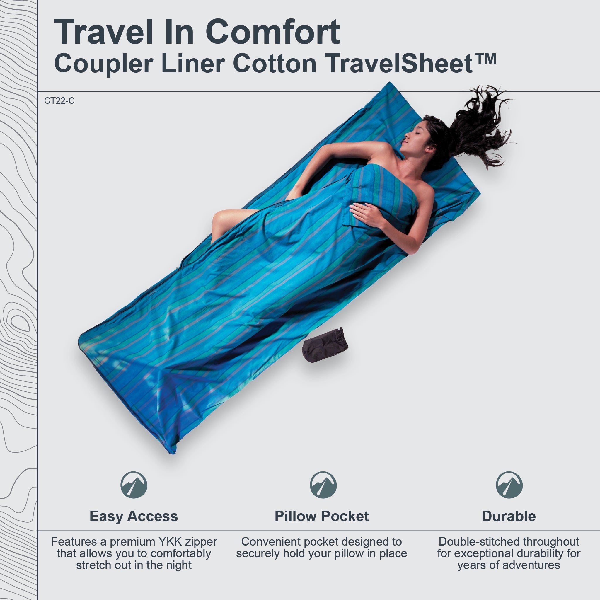 Woman lying on a blue travel sheet with product features listed below.