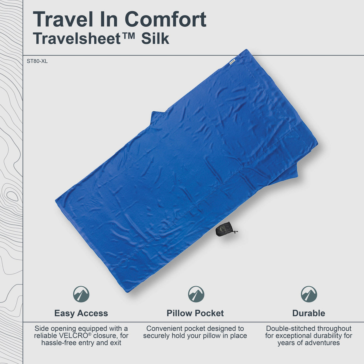 Blue travel sheet with features listed on a white background