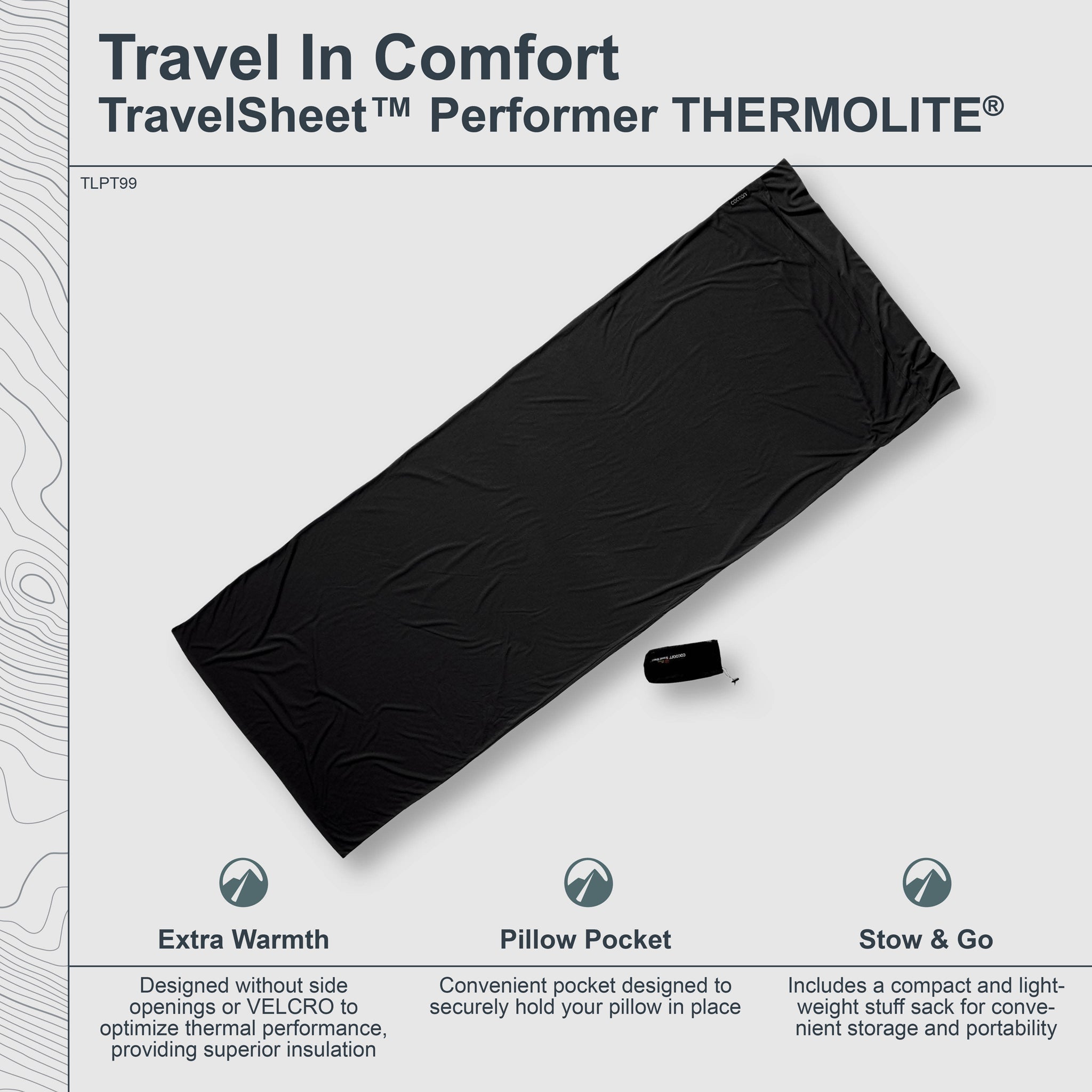 Black travel sheet with features listed on a white background