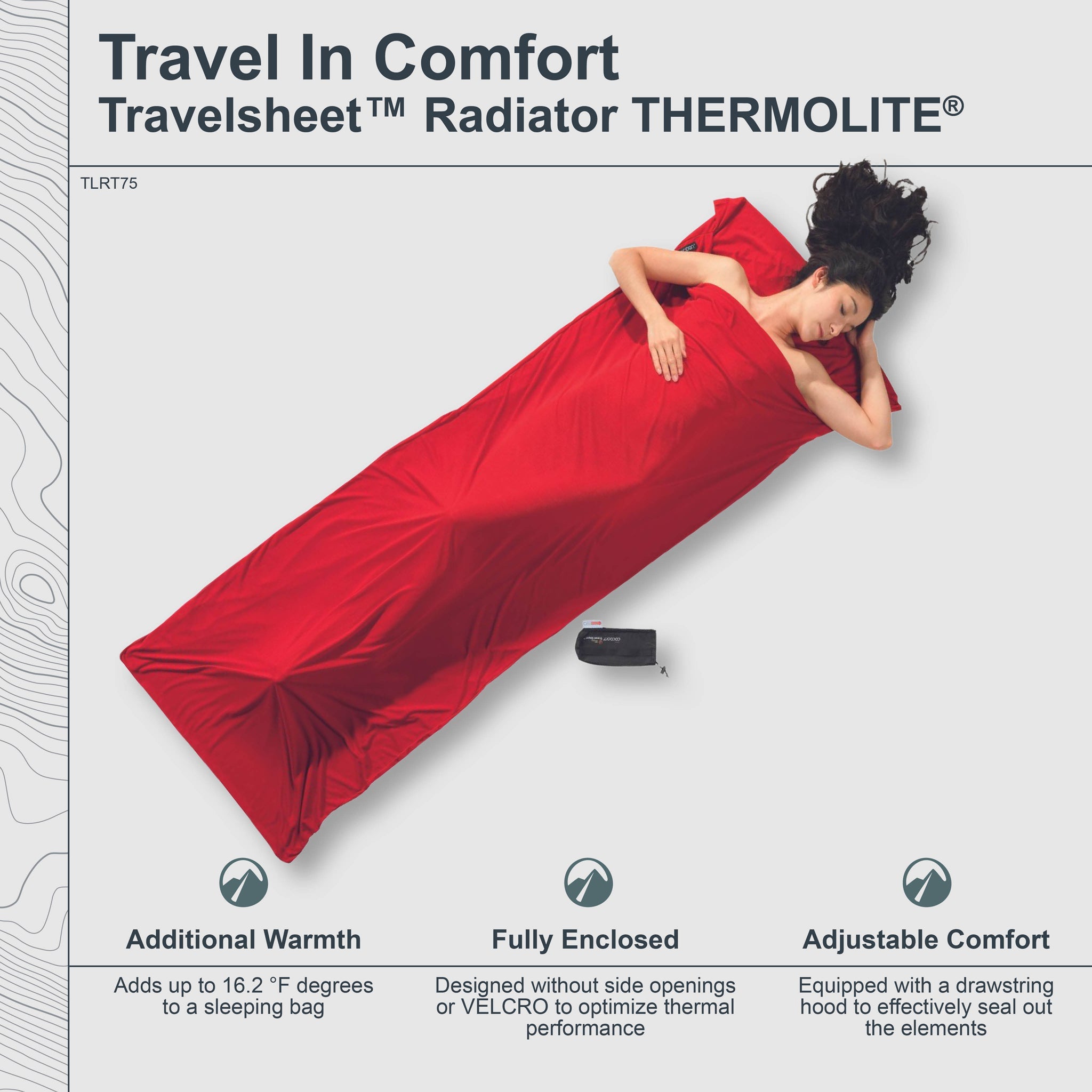 Person lying under a red Travelsheet Radiator THERMOLITE with product features listed.