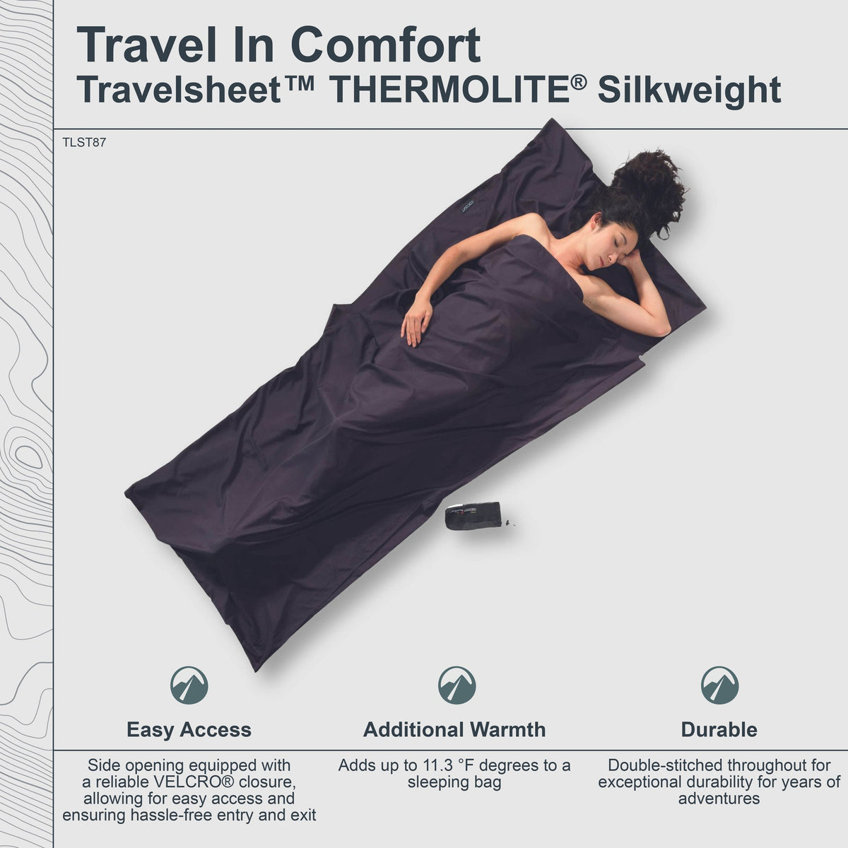Person lying in a Thermolite Silkweight Travelsheet with product features listed below.
