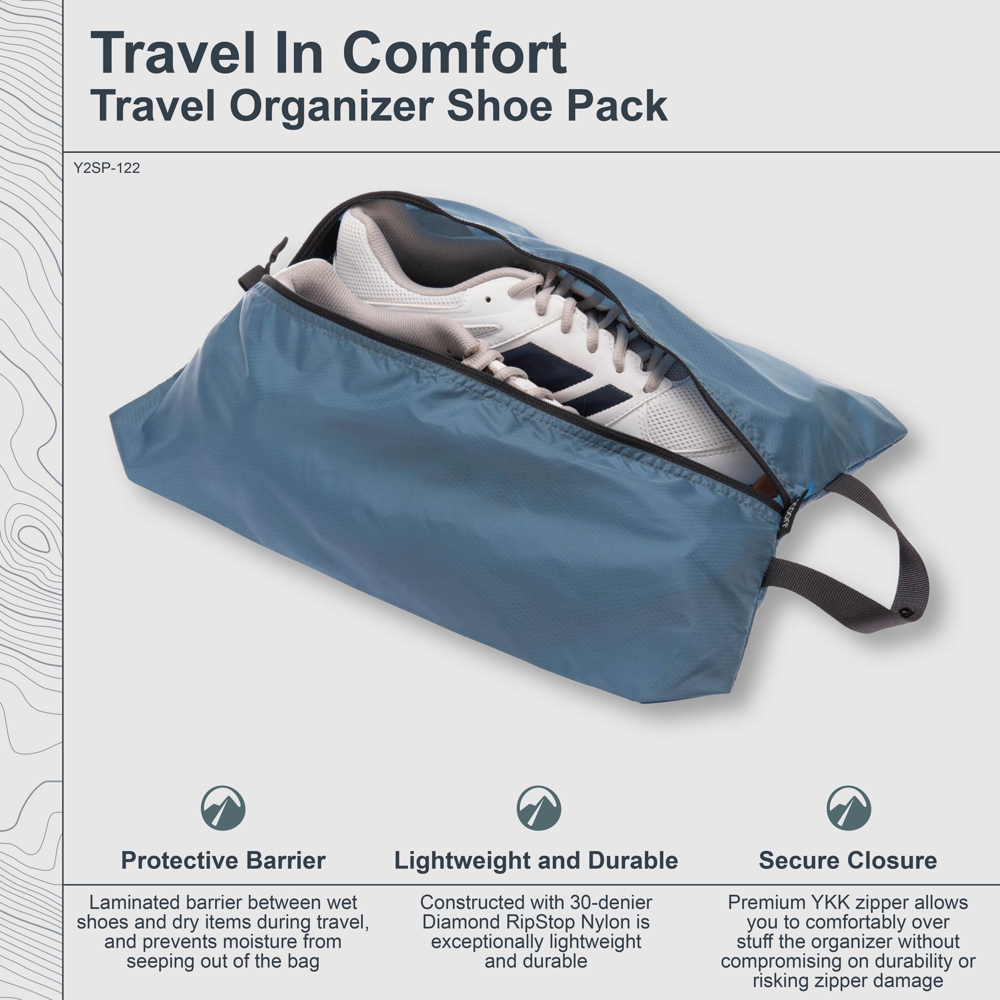 Blue travel organizer shoe pack with a sneaker inside, on a light gray background.