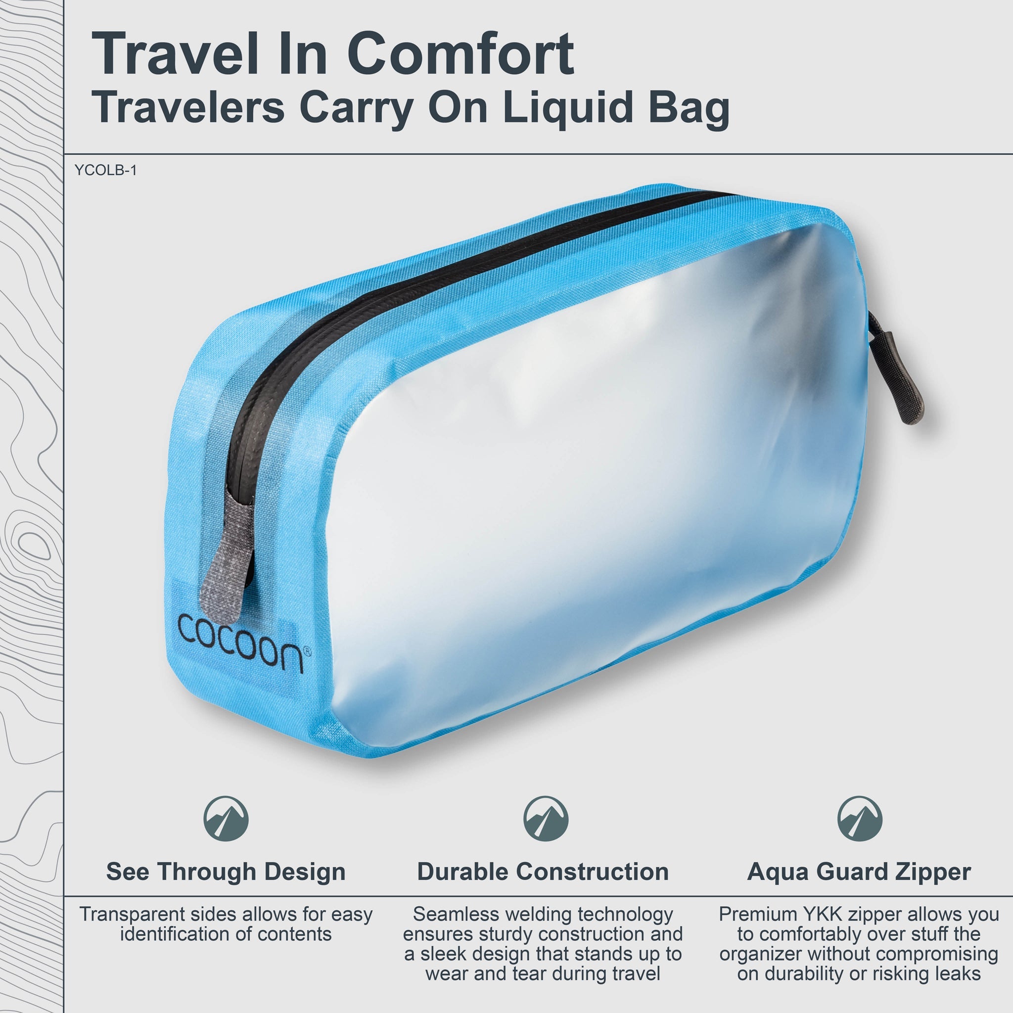 Blue travel liquid bag with transparent sides and black zipper, featuring the brand 'Cocoon'.
