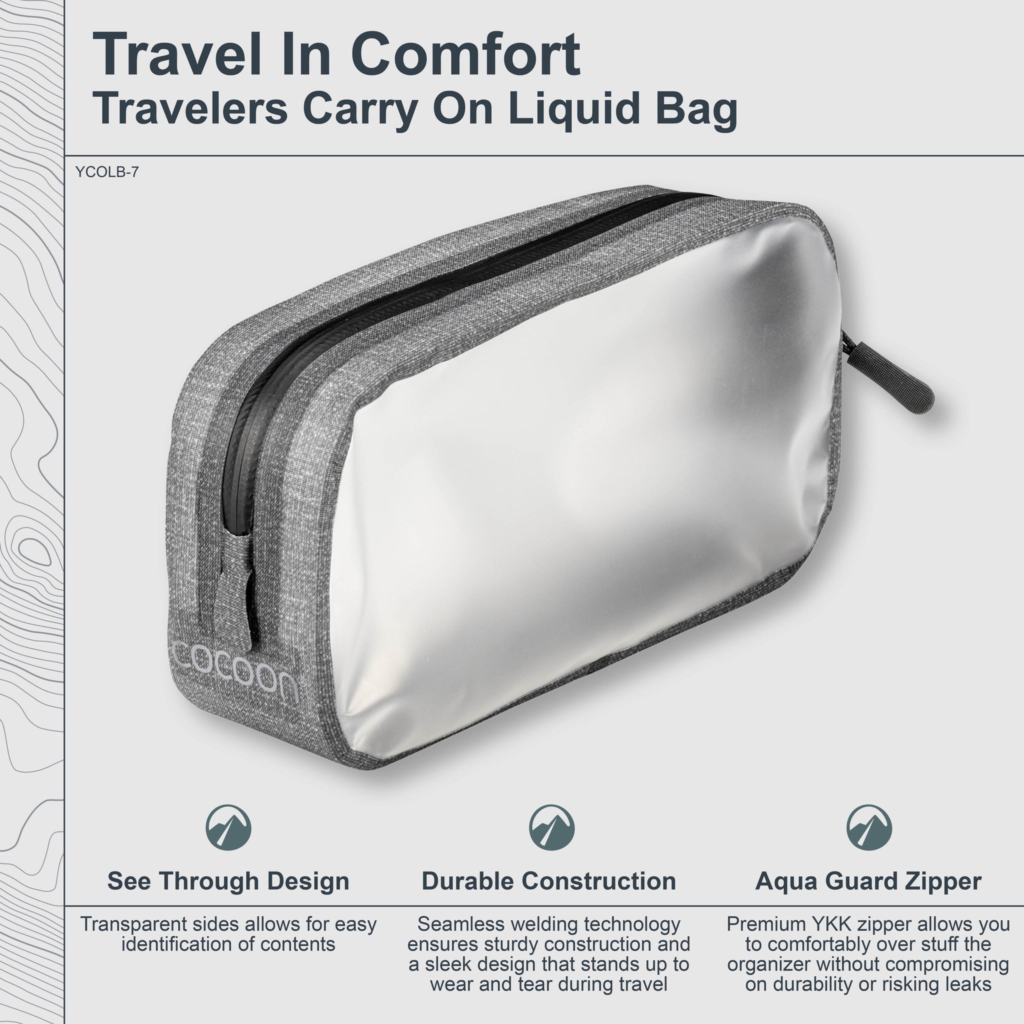 Gray travel liquid bag with transparent sides on a light gray background