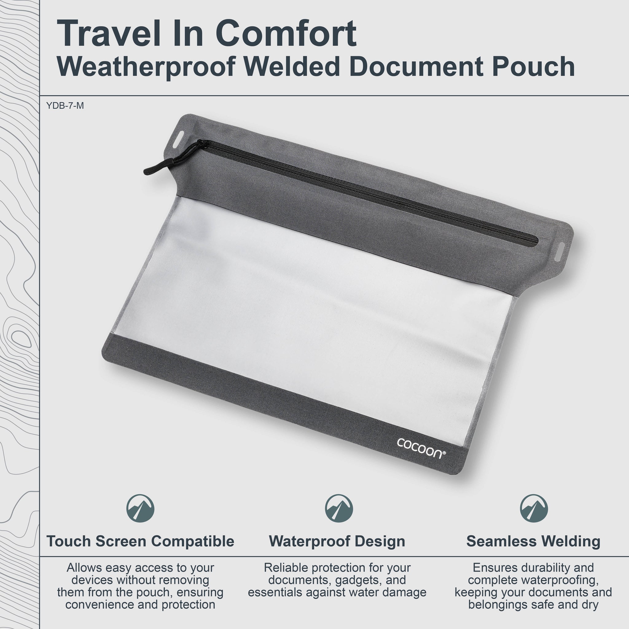 Gray weatherproof welded document pouch with text highlighting features on a white background