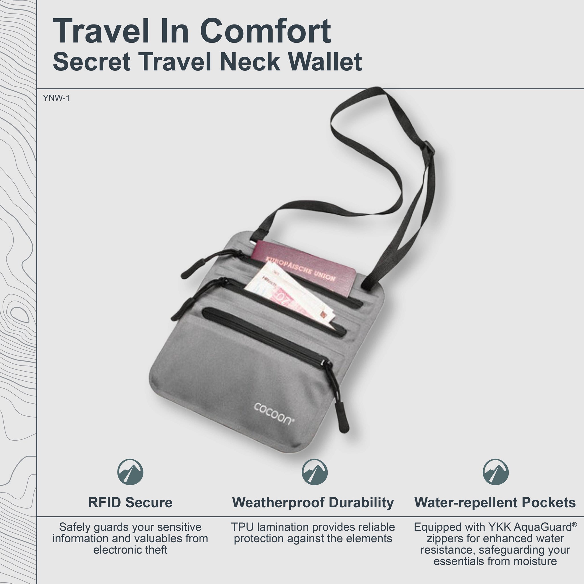 Gray secret travel neck wallet with a strap on a light gray background, featuring text about its features.