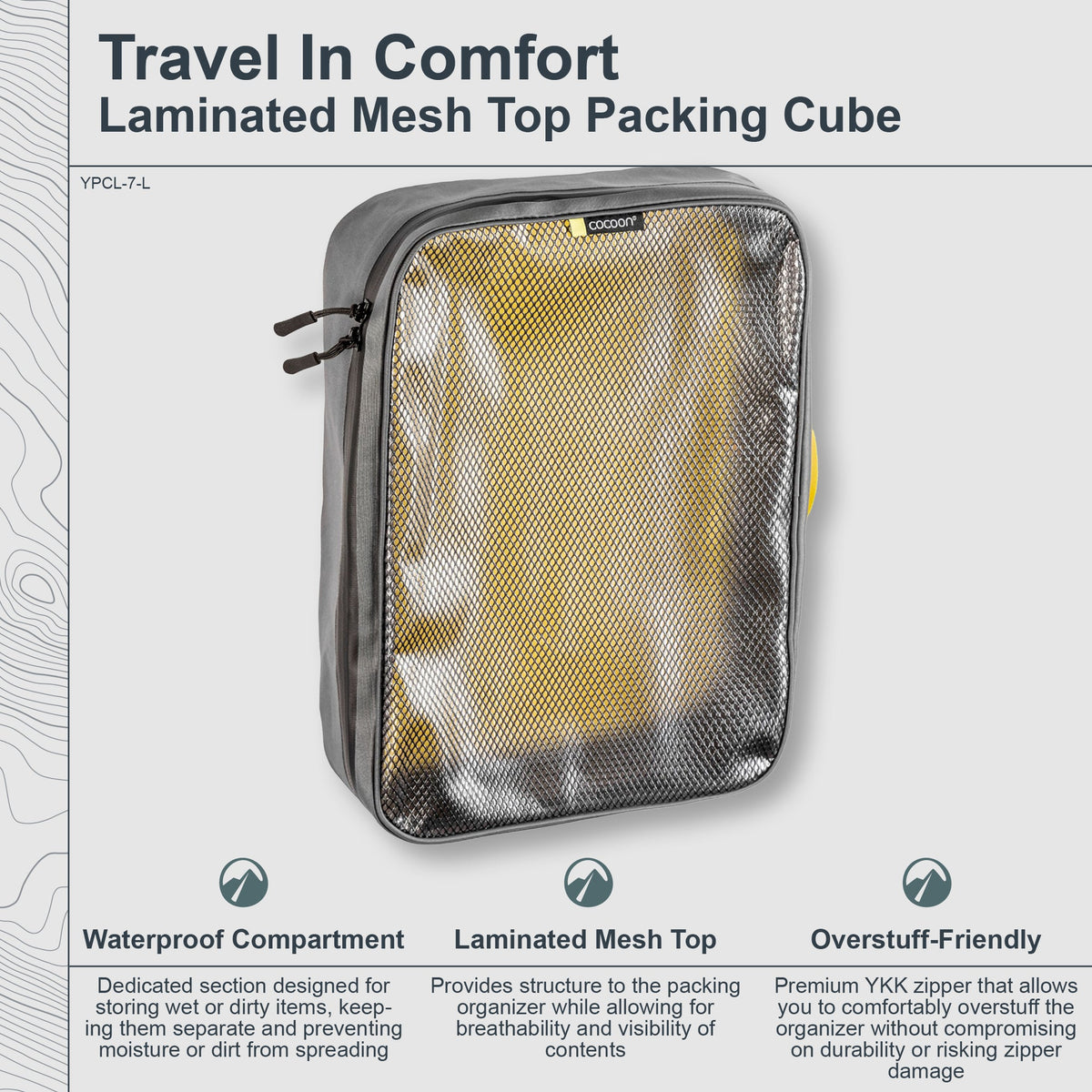 Travel mesh packing cube with text highlighting features on a gray background