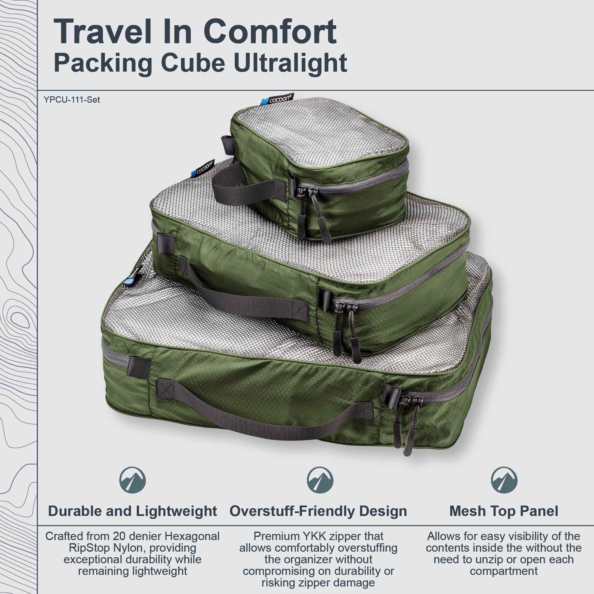 Set of green packing cubes with text highlighting features on a light gray background