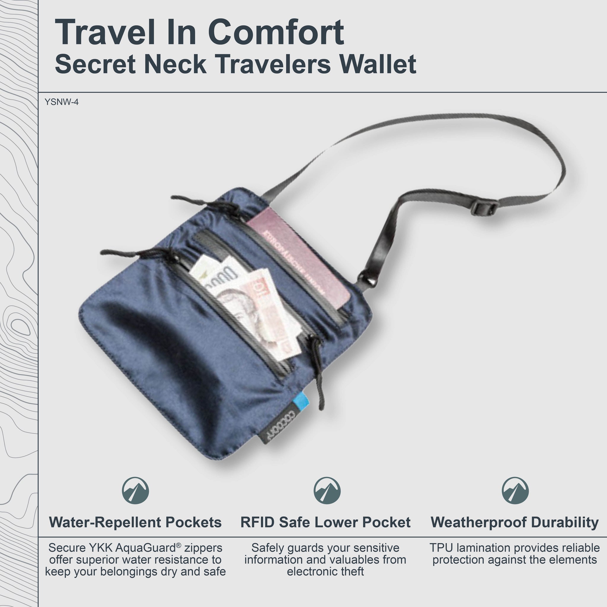 Secret neck travelers wallet with water-repellent, RFID safe, and weatherproof features on a light gray background.