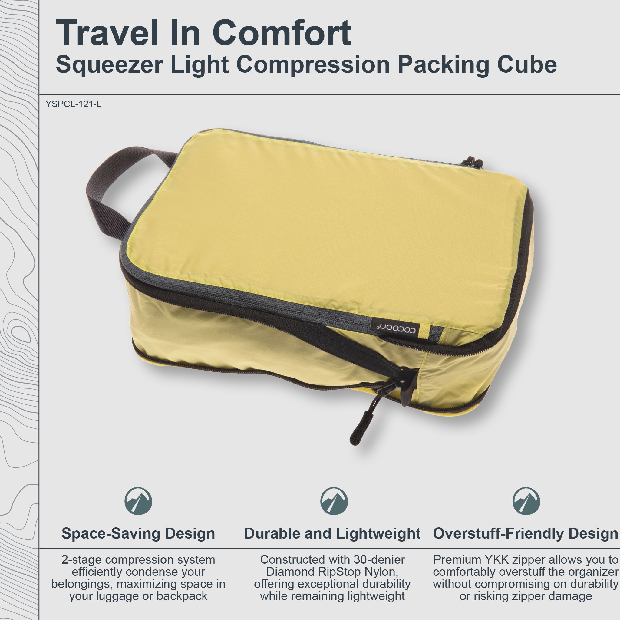 Yellow travel packing cube with black zipper on a light gray background, featuring text about its features.