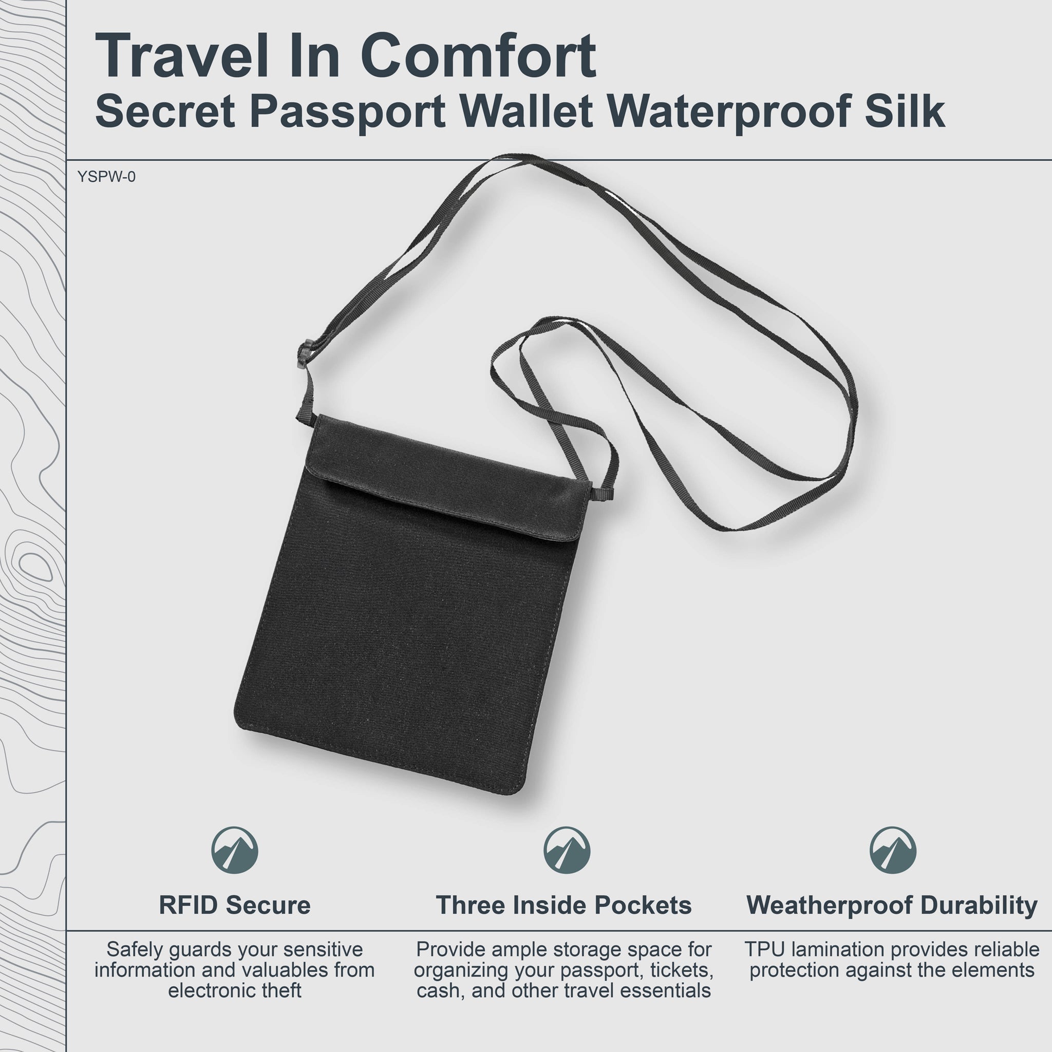 Black crossbody bag with strap on a light gray background, featuring text about its features.