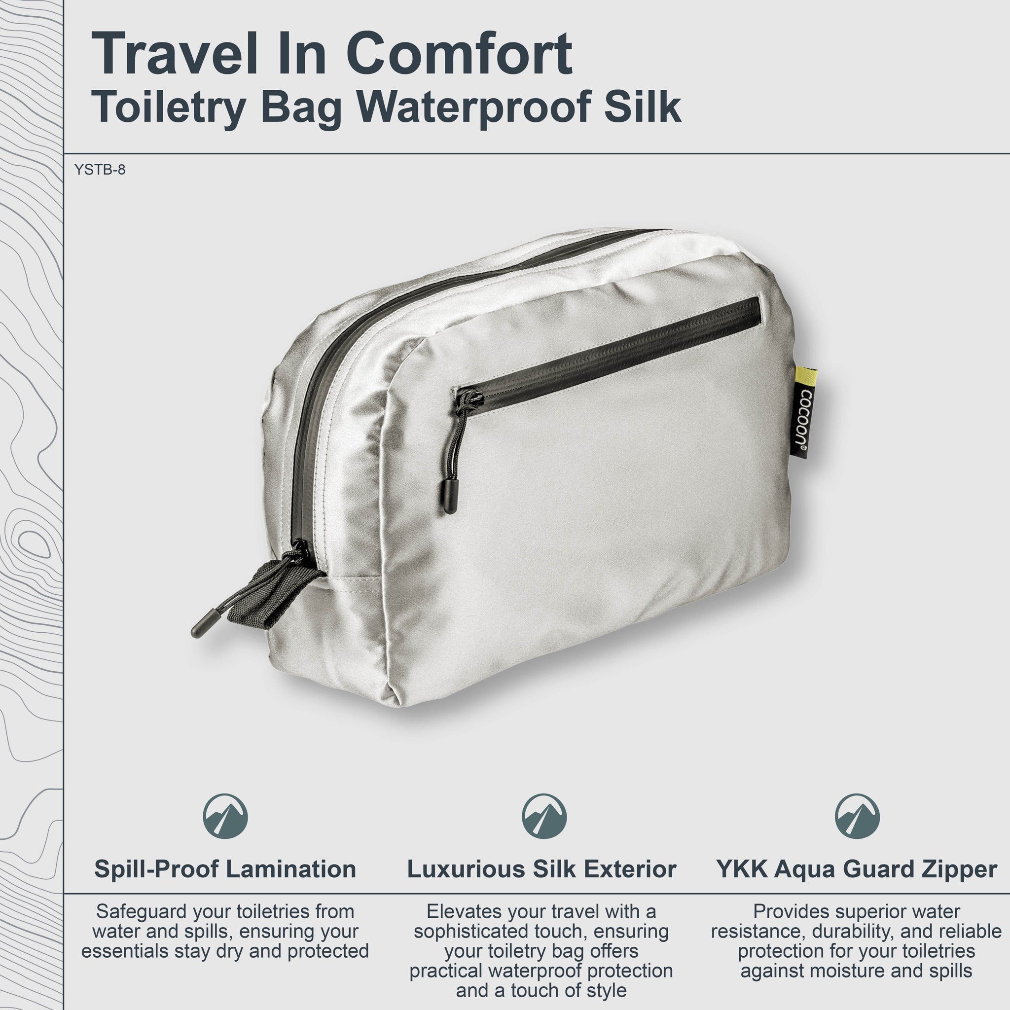 Toiletry bag with text highlighting features on a light gray background