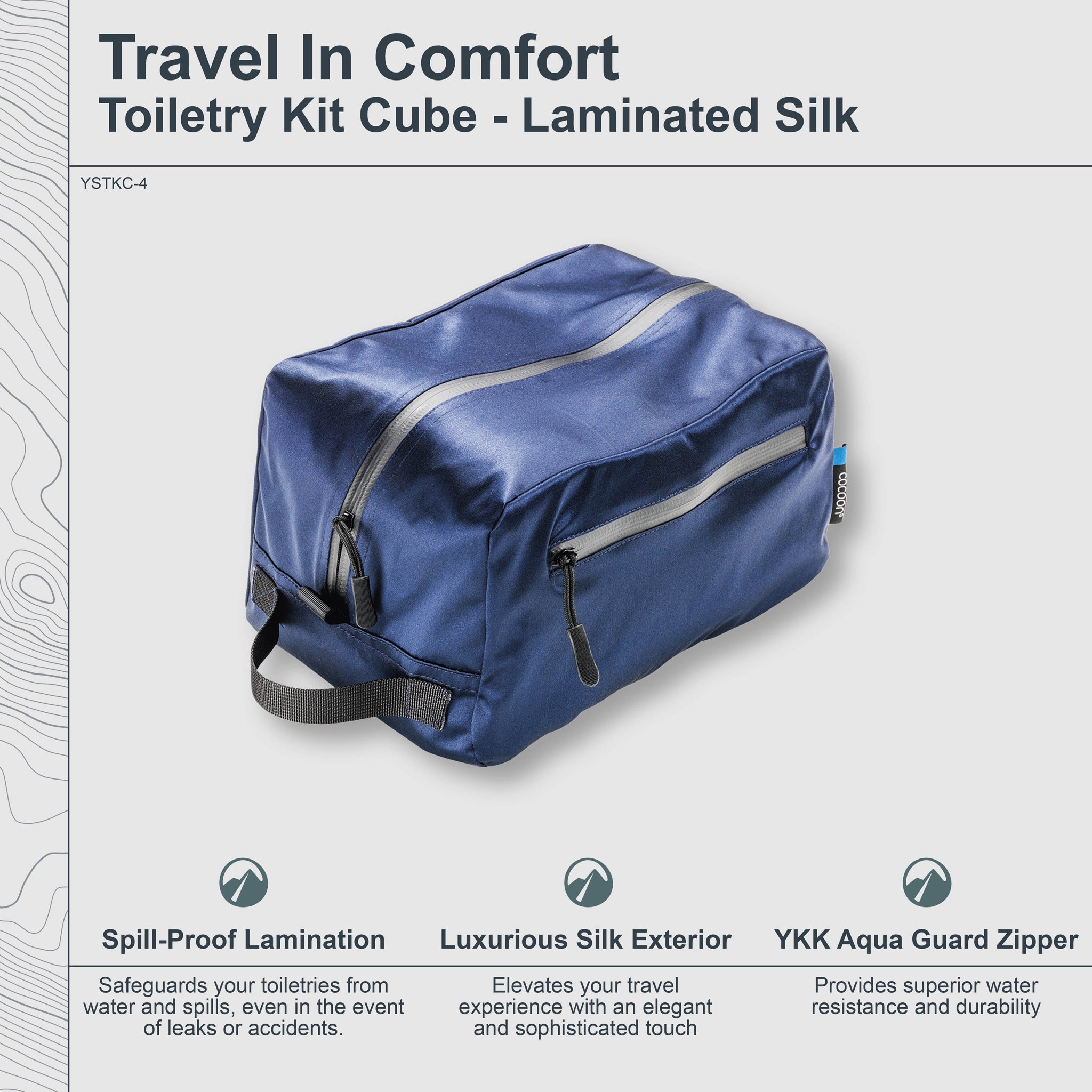 Blue toiletry kit cube with text highlighting features on a light gray background