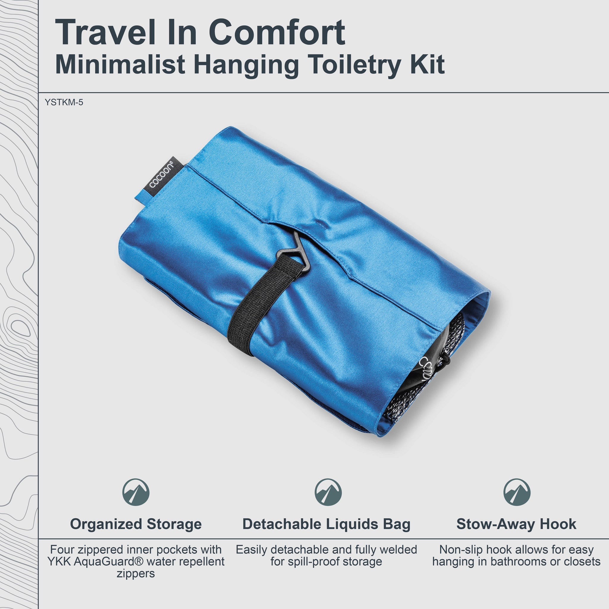 Blue hanging toiletry kit with text on a gray background