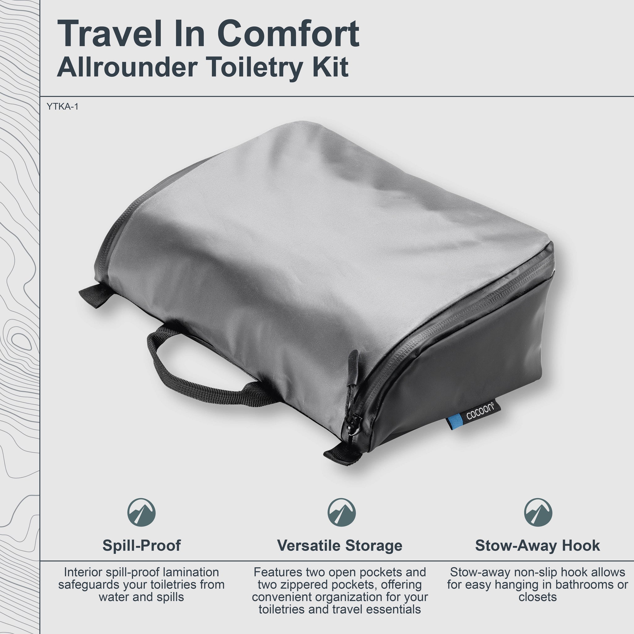 Gray toiletry bag with features listed on a white background